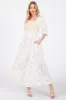 Ivory Gauze Smocked Embroidered Square Neck Maternity Midi Dress sold by Pinkblush