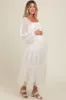 Cream Mesh Tiered Long Sleeve Maternity Maxi Dress sold by Pinkblush