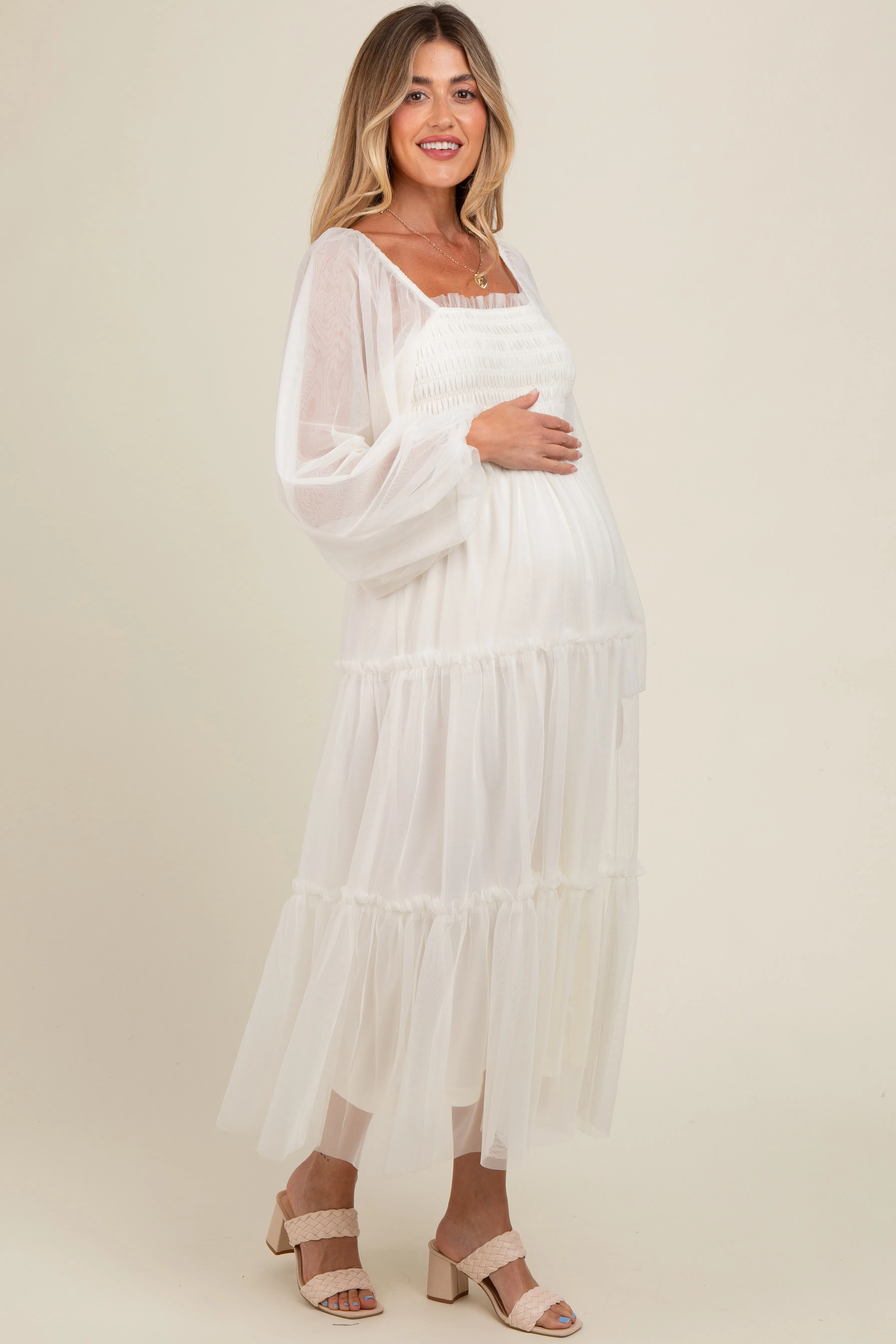 Cream Mesh Tiered Long Sleeve Maternity Maxi Dress sold by Pinkblush product image thumbnail 2
