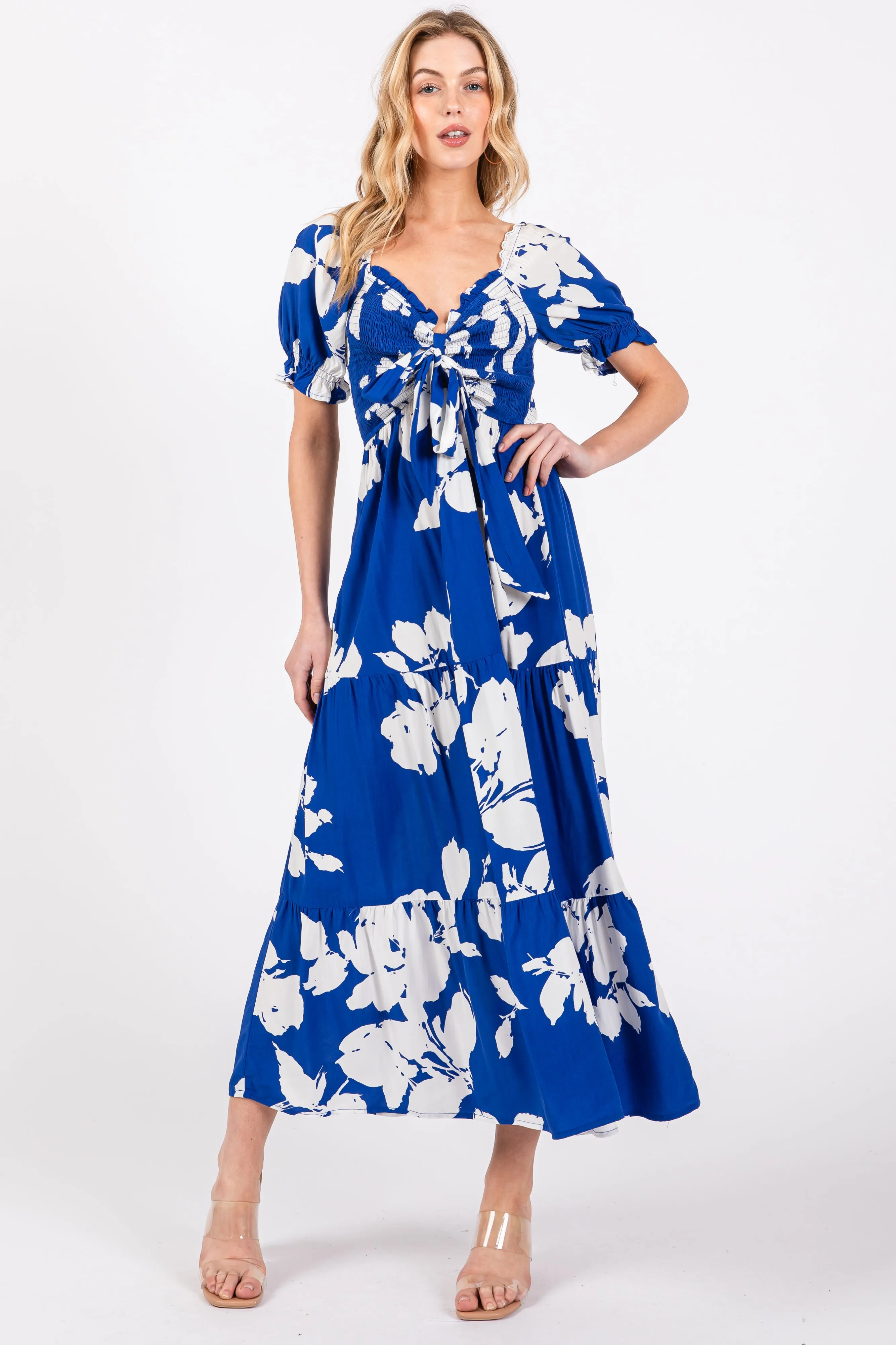 Royal Floral Smocked Knotted Top Maternity Maxi Dress sold by Pinkblush product image thumbnail 4