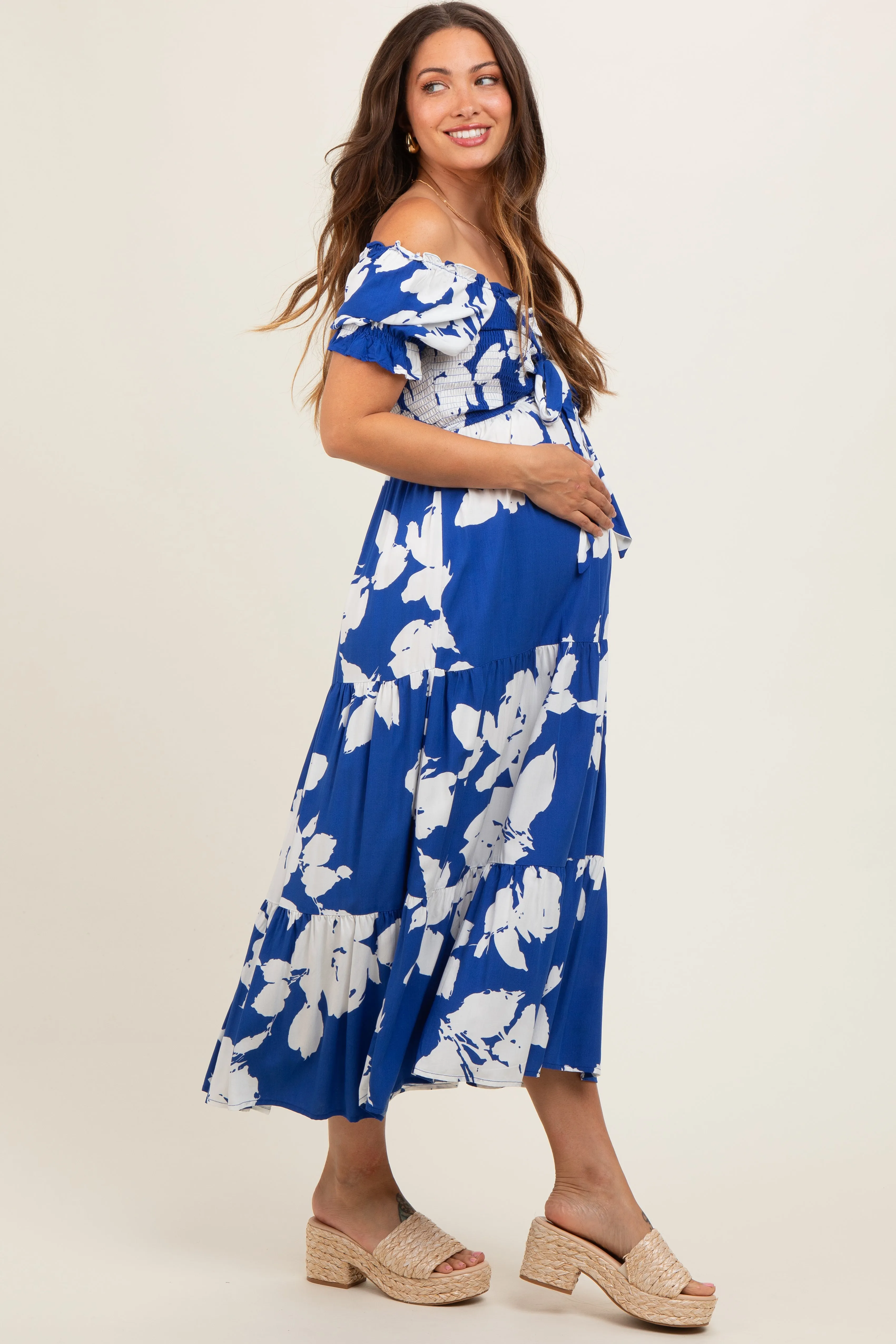 Royal Floral Smocked Knotted Top Maternity Maxi Dress sold by Pinkblush