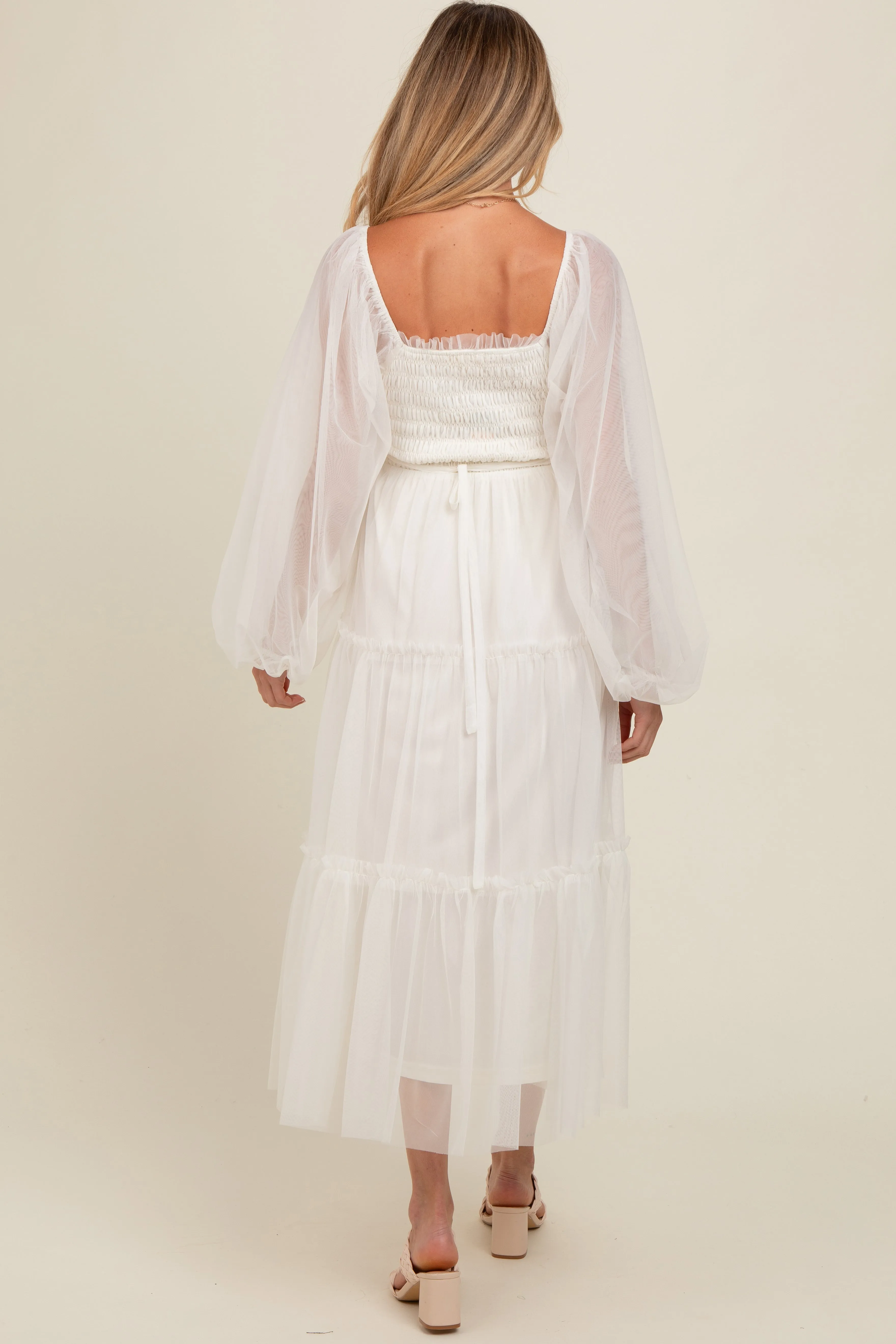 Cream Mesh Tiered Long Sleeve Maternity Maxi Dress sold by Pinkblush product image thumbnail 3