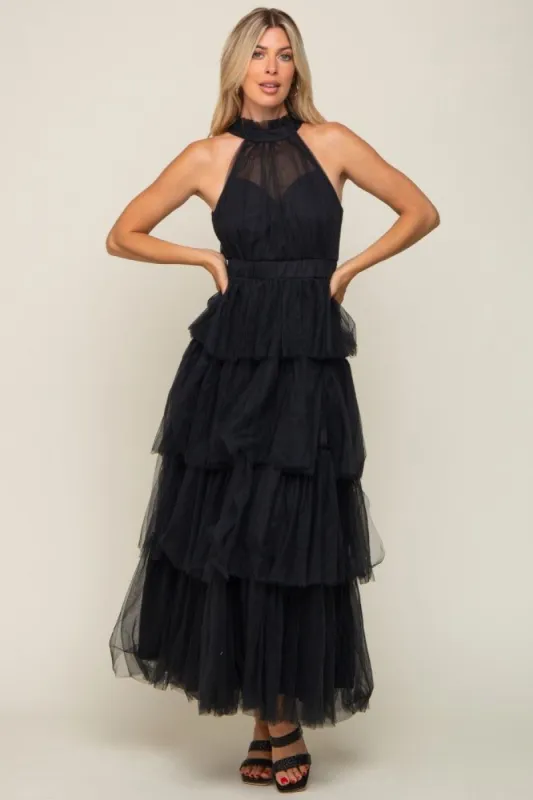 Black Tulle Halter Ruffle Tiered Midi Dress sold by Pinkblush
