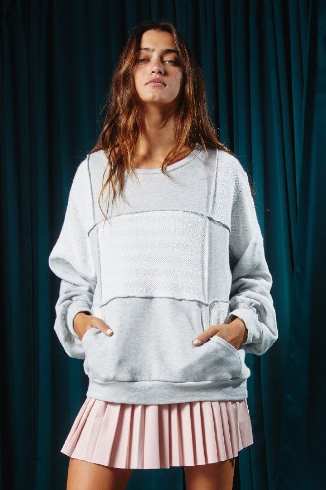 Heather Grey French Terry Knit Solid Color-Block Oversize Top sold by Pinkblush