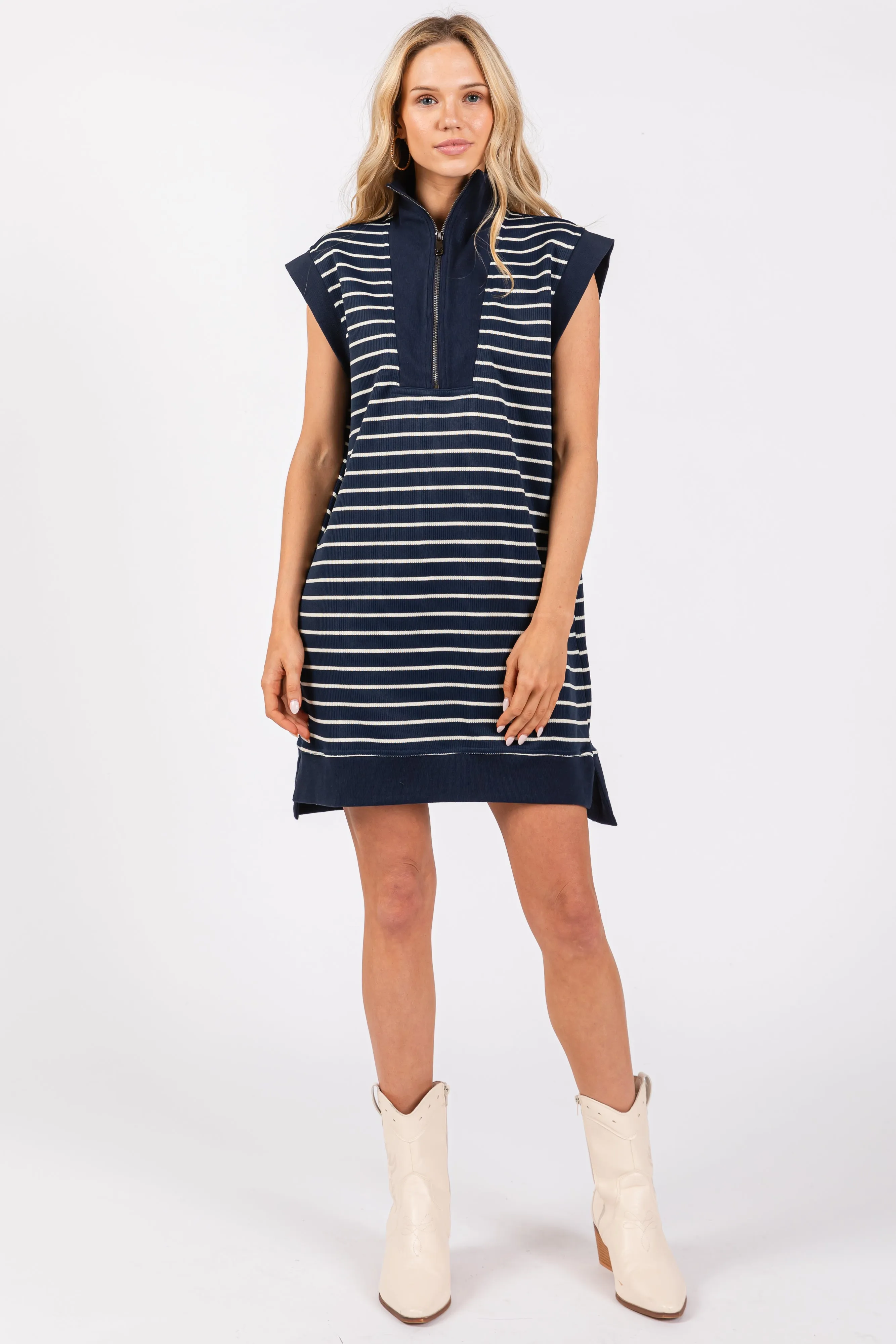 Navy Striped Knit Cap Sleeve Maternity Mini Dress sold by Pinkblush product image thumbnail 5