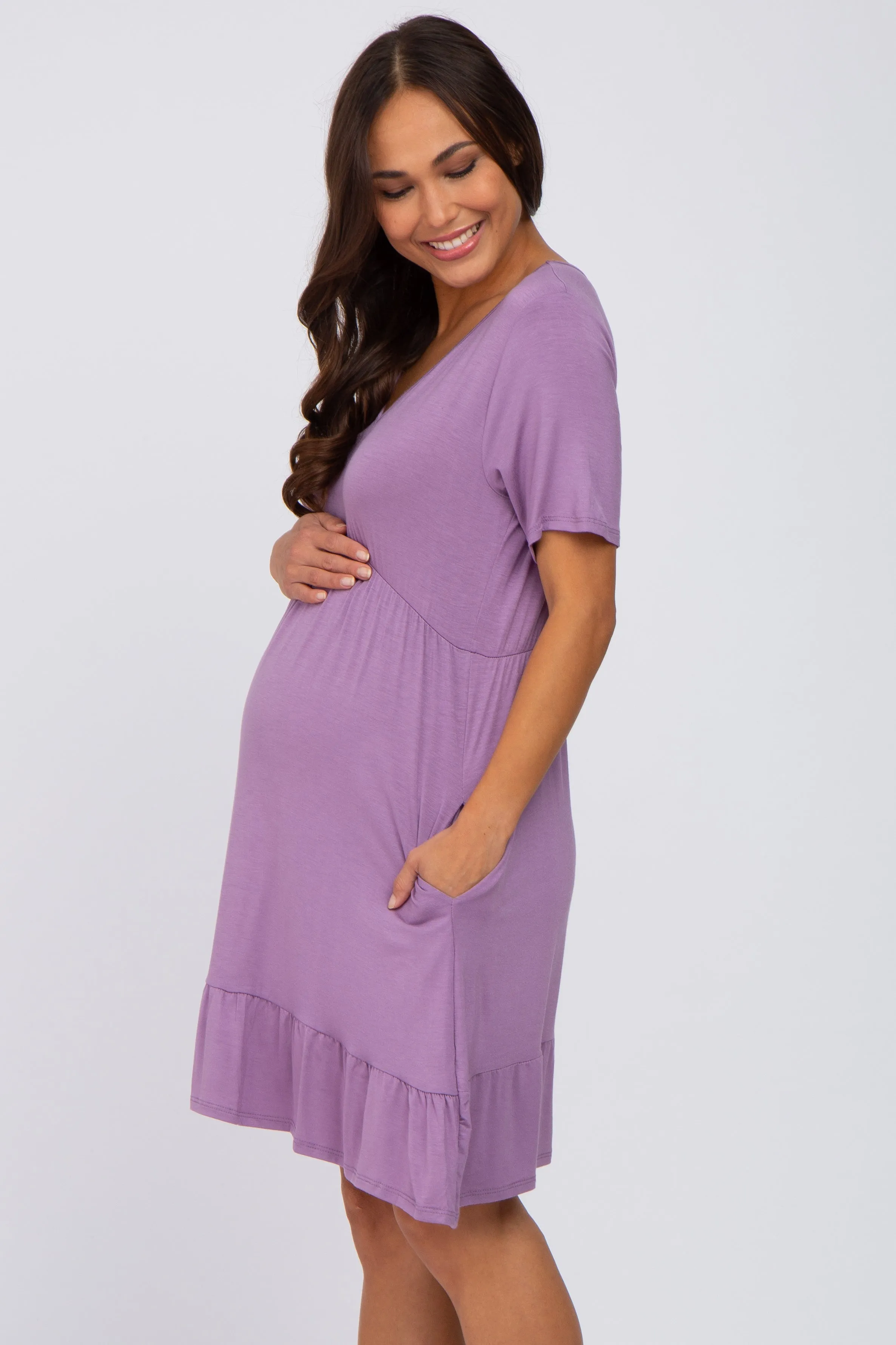 Lavender V-Neck Ruffle Hem Maternity Dress sold by Pinkblush product image thumbnail 2