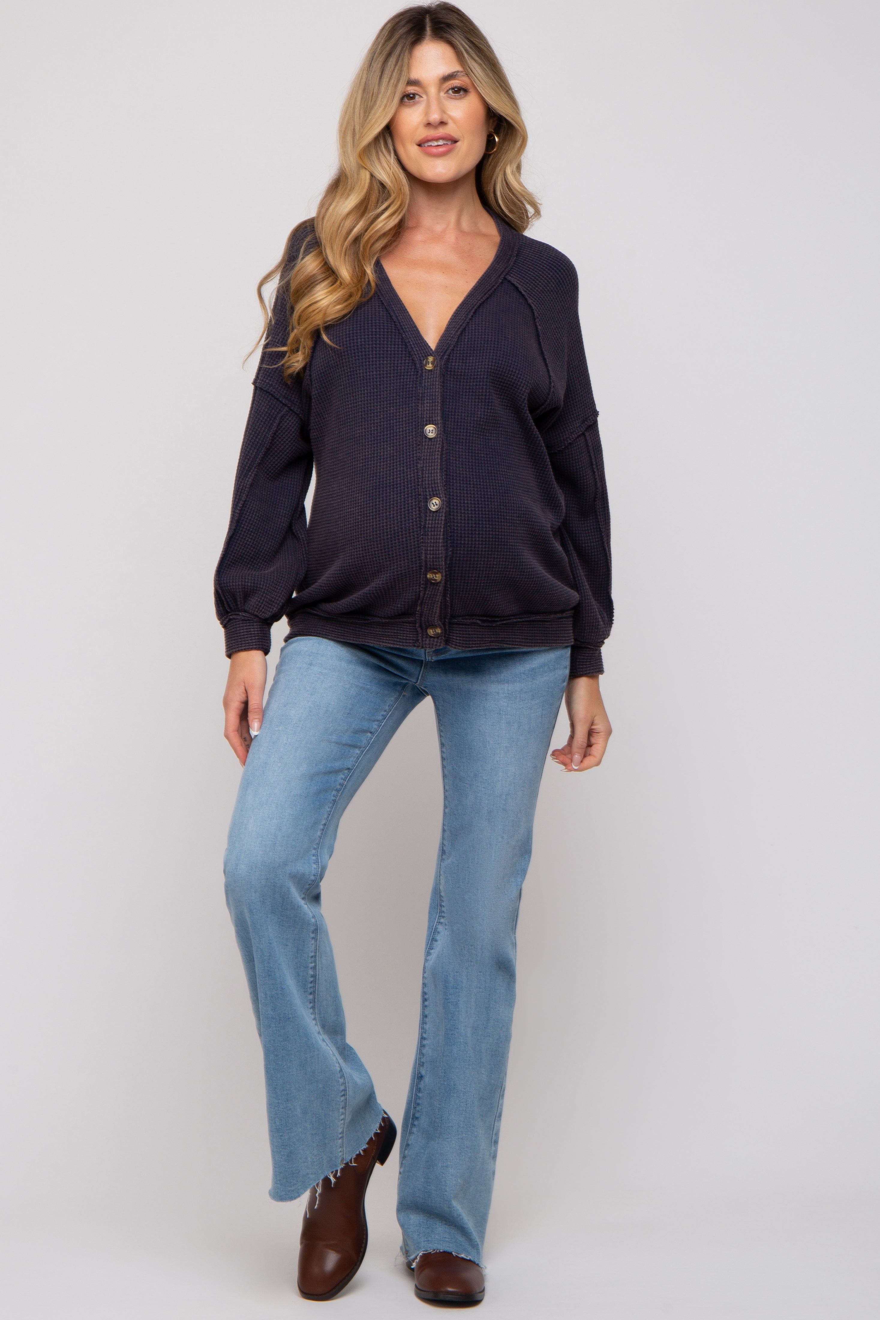 Navy Waffle Knit Button Long Sleeve Maternity Top sold by Pinkblush product image thumbnail 4