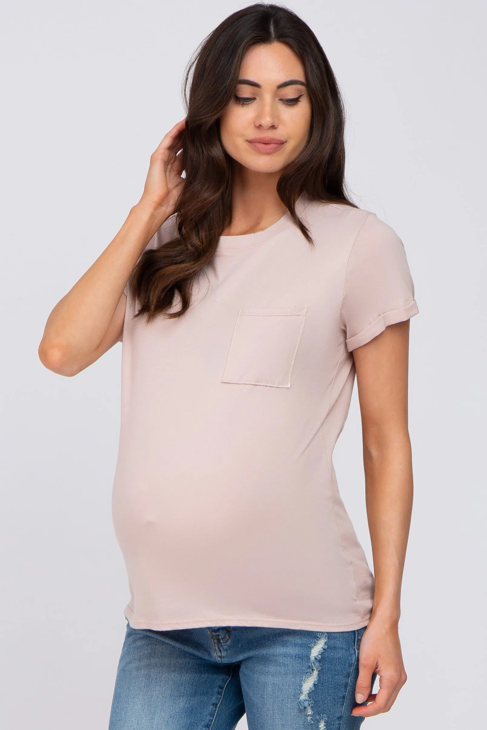 Taupe Basic Short Sleeve Maternity Top sold by Pinkblush product image thumbnail 2