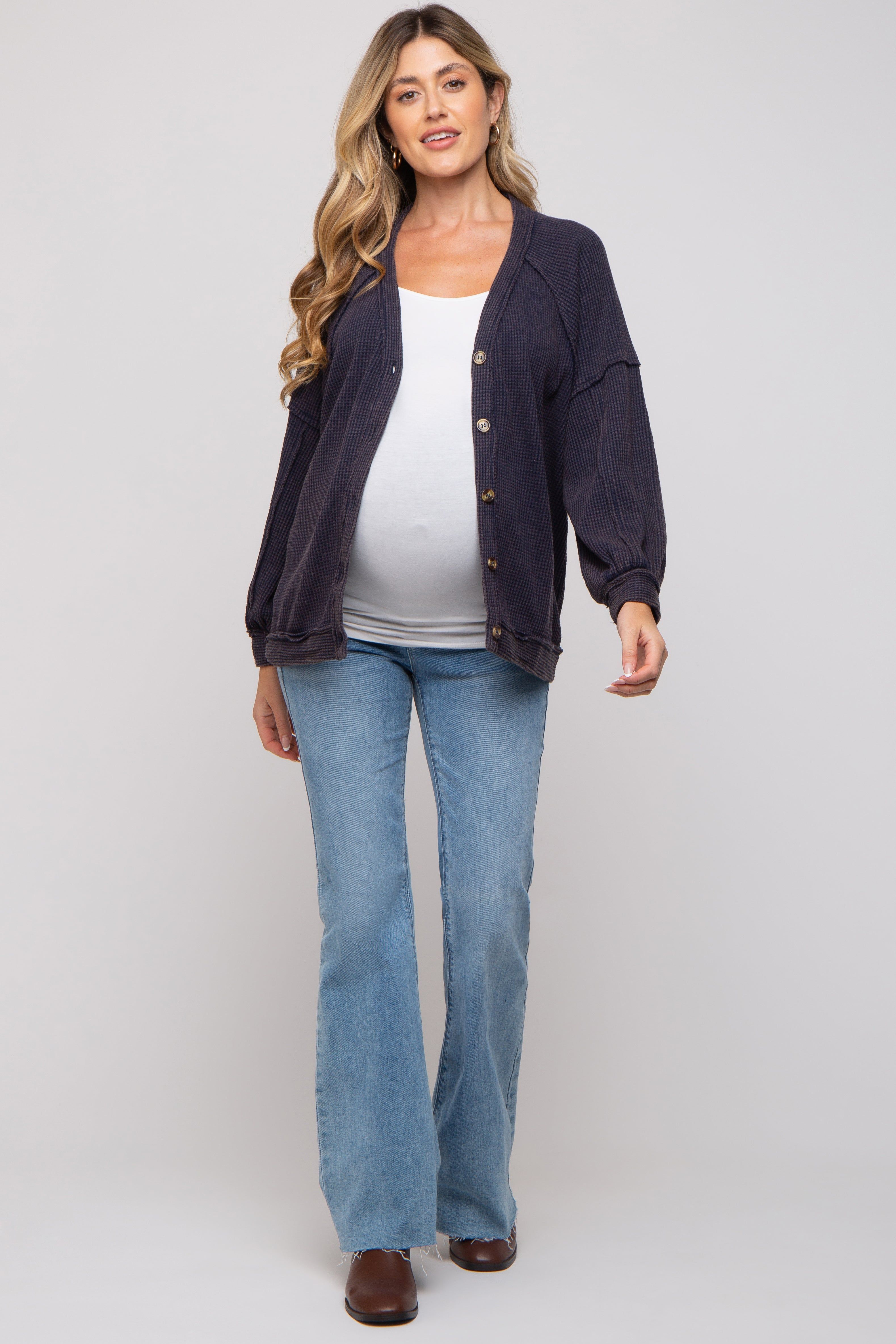 Navy Waffle Knit Button Long Sleeve Maternity Top sold by Pinkblush product image thumbnail 5