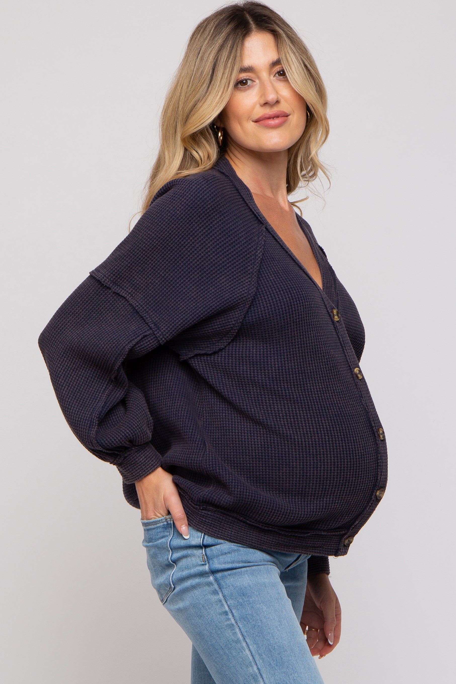 Navy Waffle Knit Button Long Sleeve Maternity Top sold by Pinkblush product image thumbnail 2