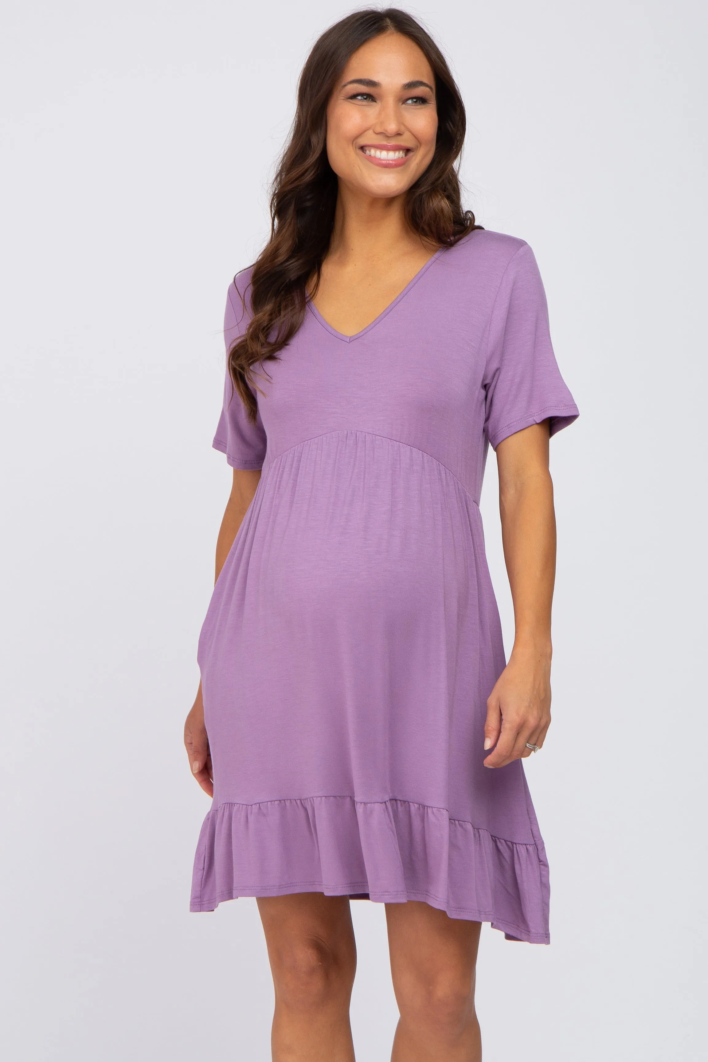 Lavender V-Neck Ruffle Hem Maternity Dress sold by Pinkblush