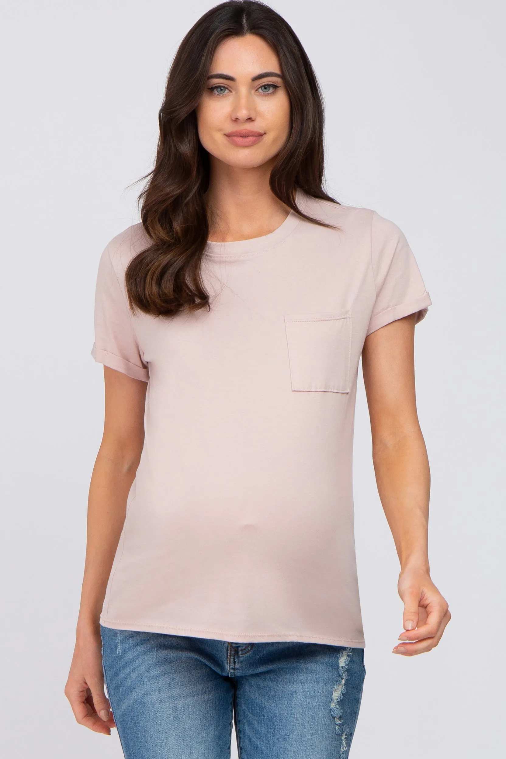 Taupe Basic Short Sleeve Maternity Top sold by Pinkblush