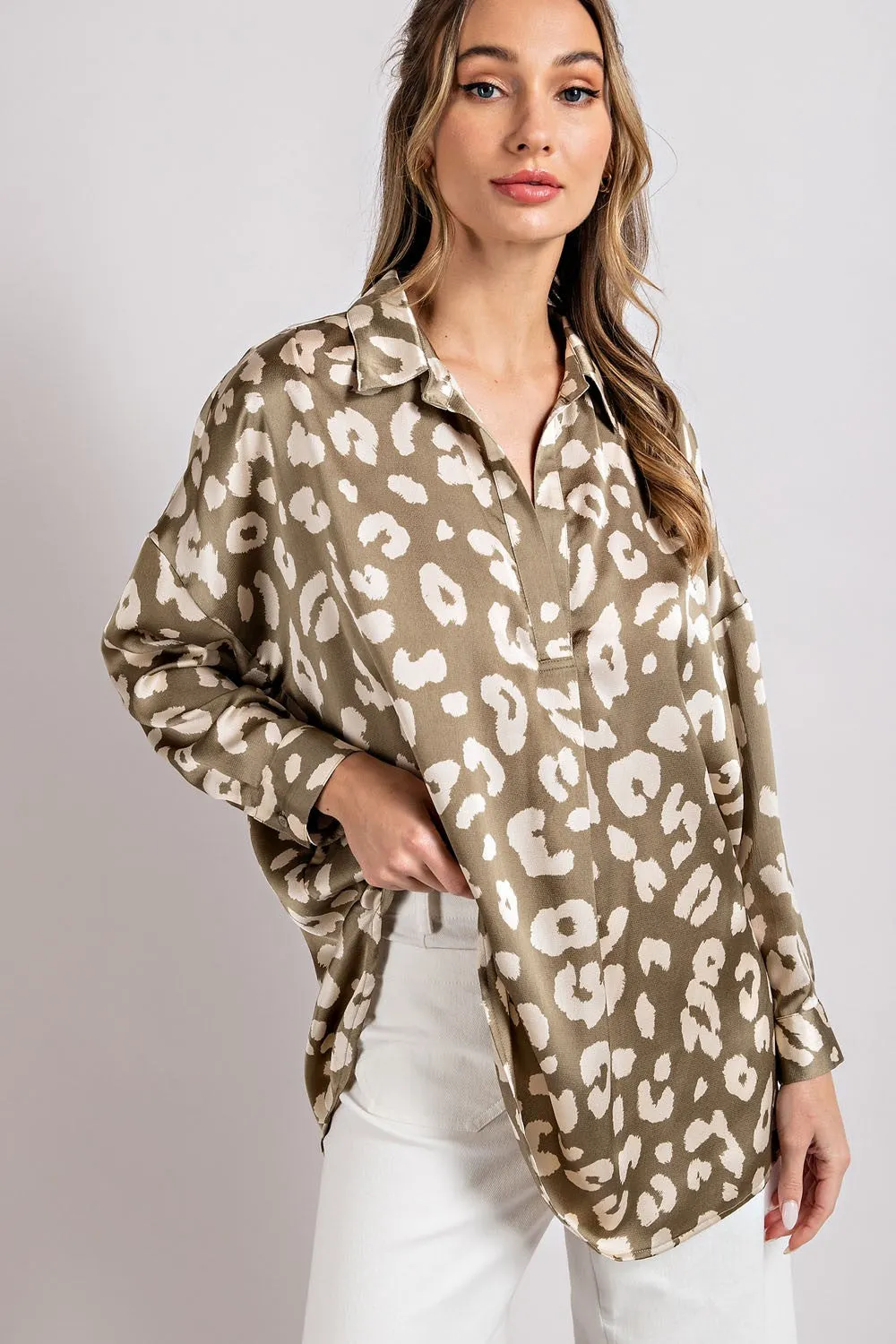 Light Olive Animal Print Long Sleeve Blouse sold by Pinkblush