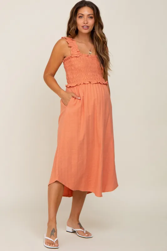 Peach Square Neck Smocked Sleeveless Maternity Midi Dress sold by Pinkblush