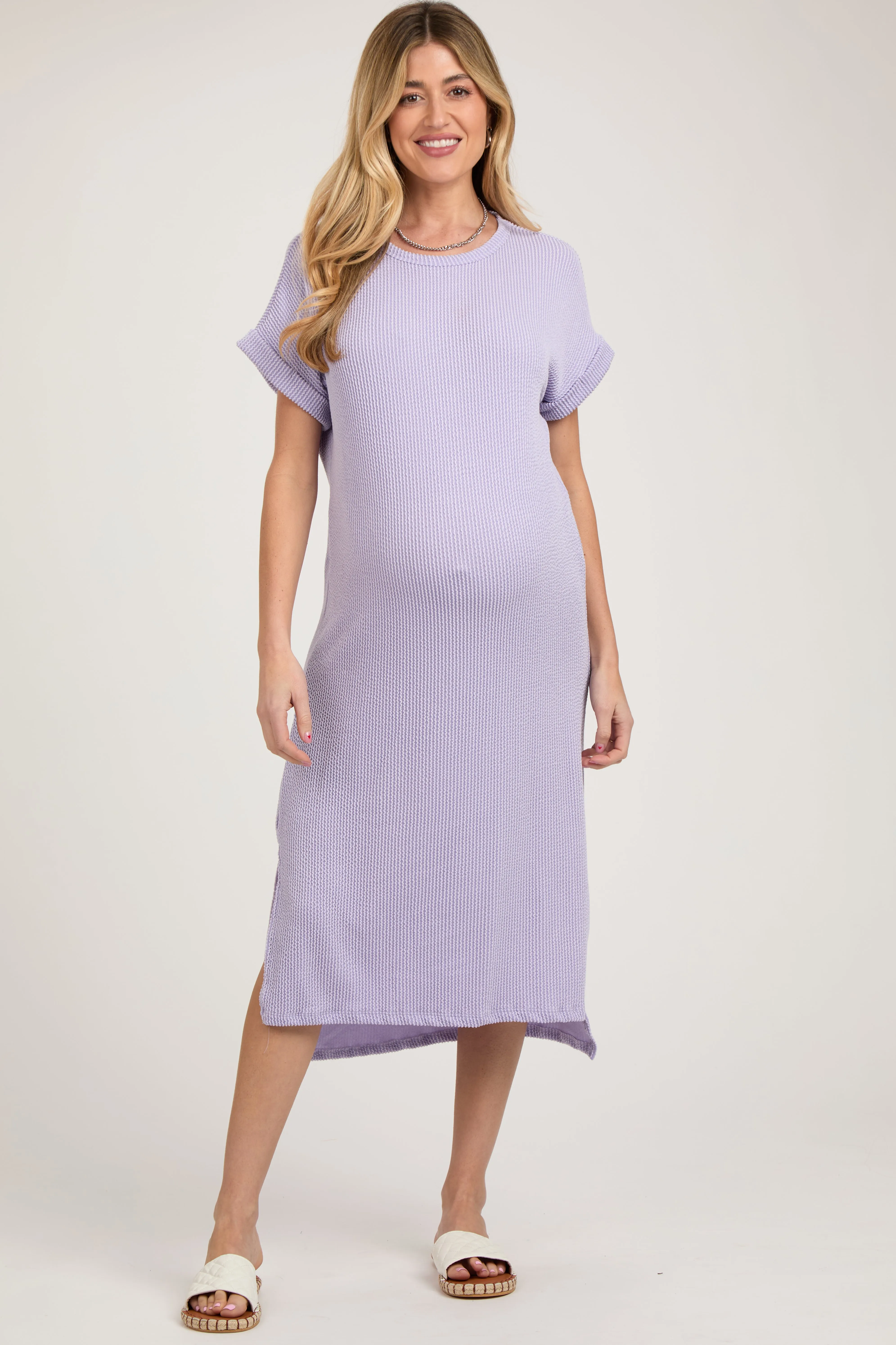 Lavender Ribbed Short Sleeve Maternity Midi Dress sold by Pinkblush