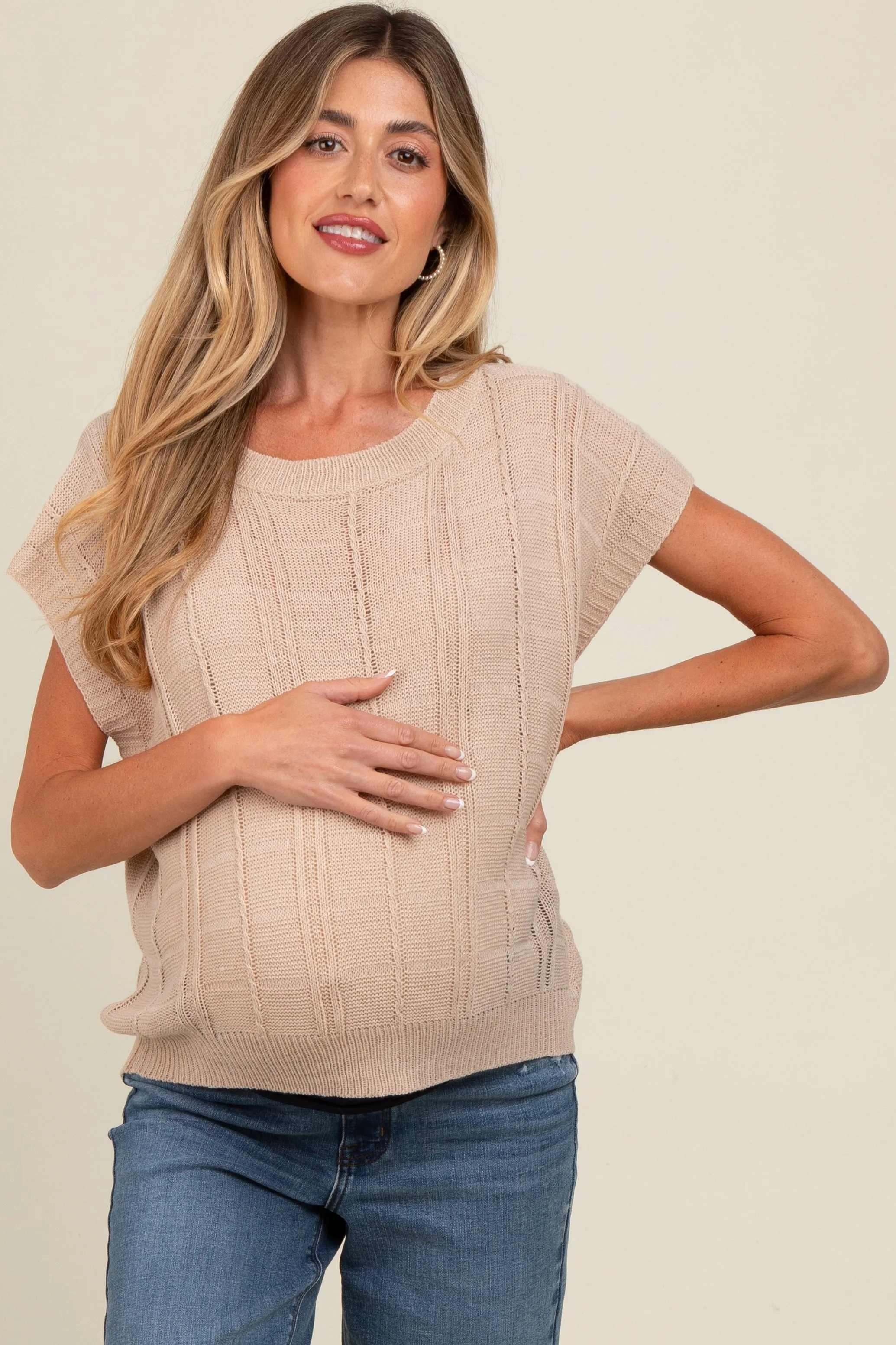 Beige Knit Short Sleeve Sweater Maternity Top sold by Pinkblush product image thumbnail 2