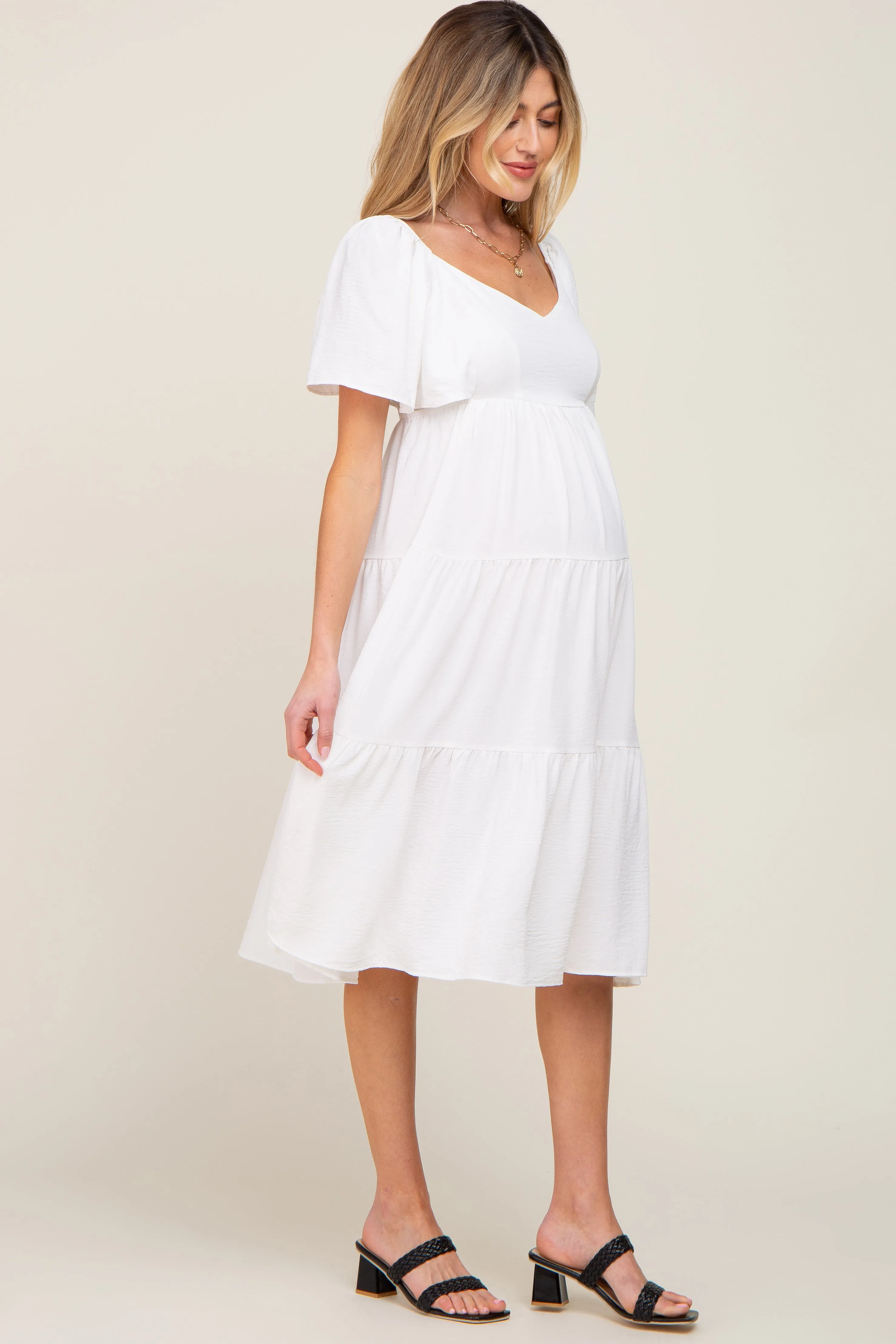 White Tiered Criss Cross Back Maternity Midi Dress sold by Pinkblush product image thumbnail 3