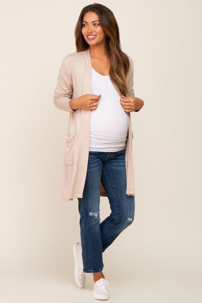 Beige Open Front Side Pocket Maternity Cardigan sold by Pinkblush