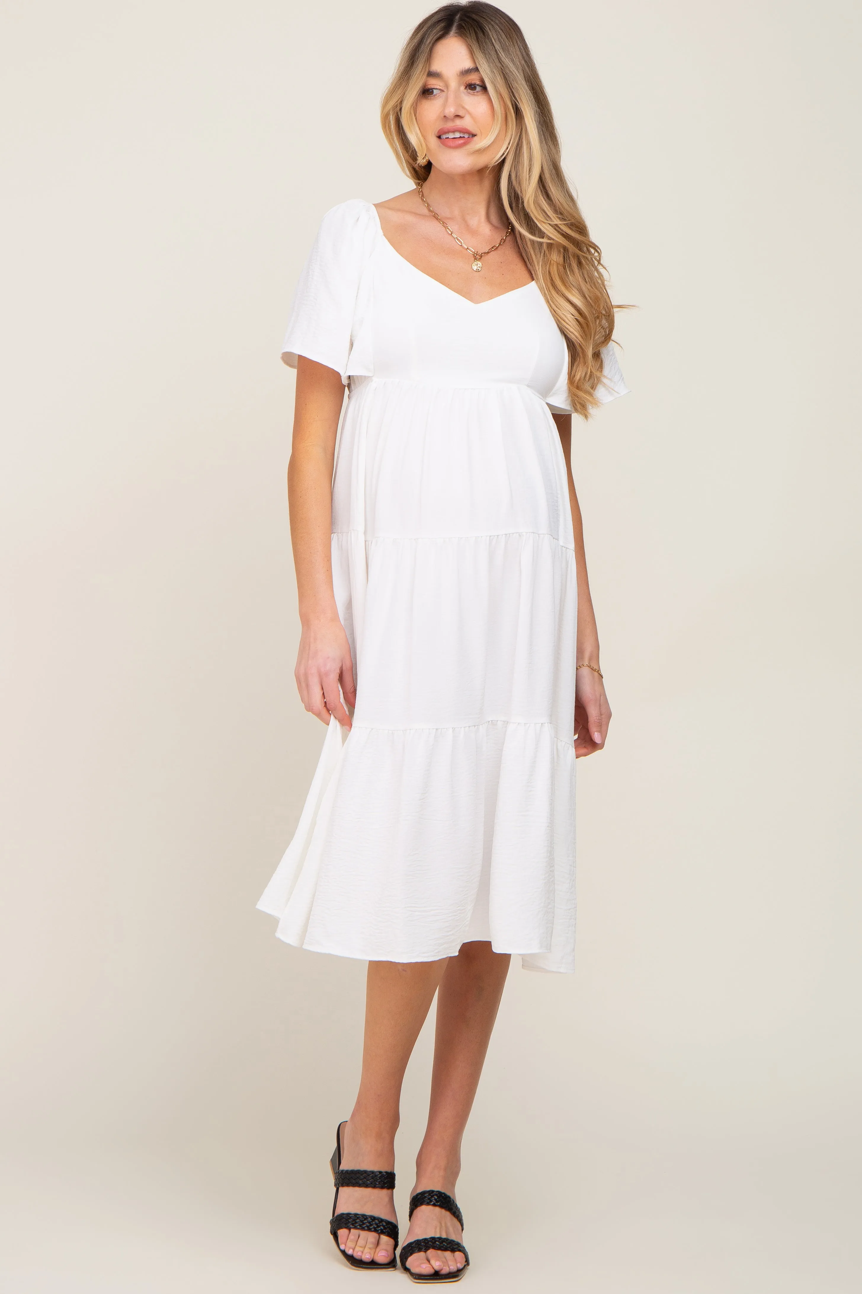 White Tiered Criss Cross Back Maternity Midi Dress sold by Pinkblush