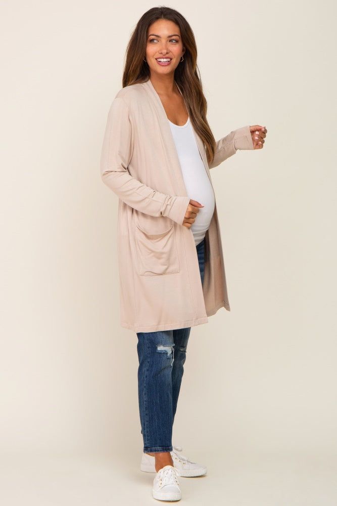 Beige Open Front Side Pocket Maternity Cardigan sold by Pinkblush product image thumbnail 5