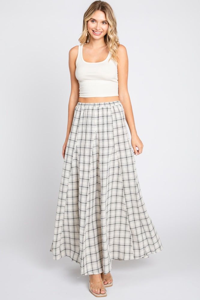 Beige Plaid Linen Maxi Skirt sold by Pinkblush