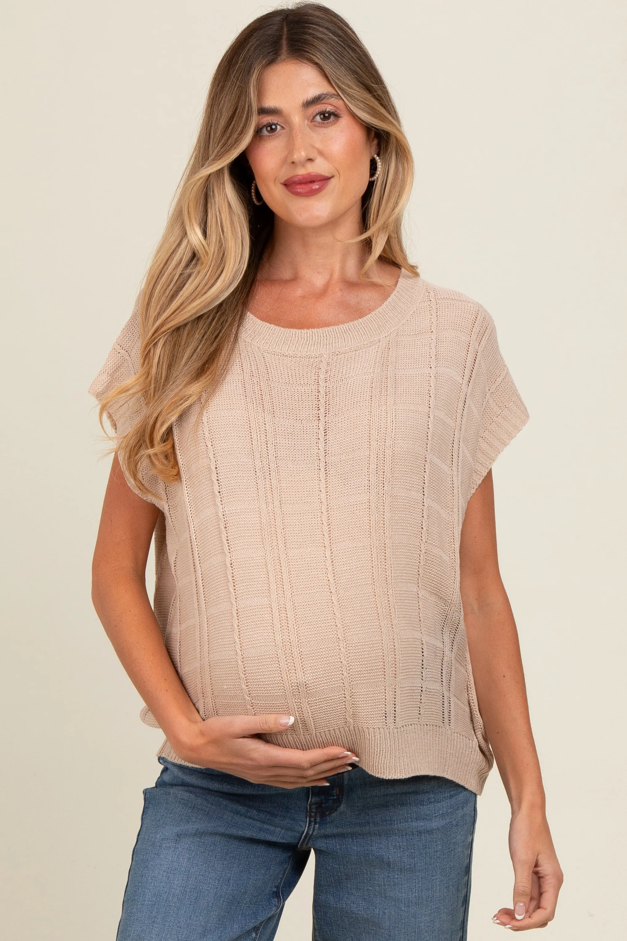 Beige Knit Short Sleeve Sweater Maternity Top sold by Pinkblush