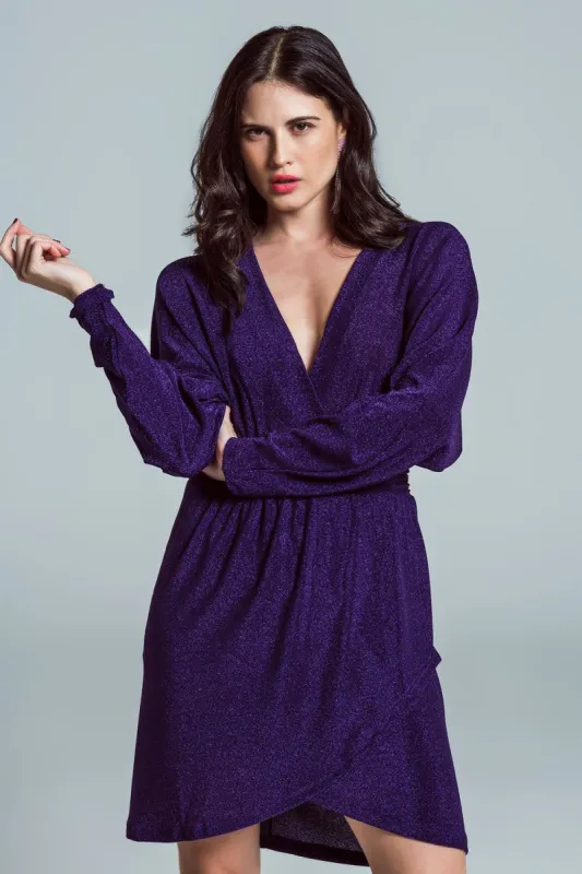 Purple Mini Length Glitter Dress Deep V Neck In Purple sold by Pinkblush