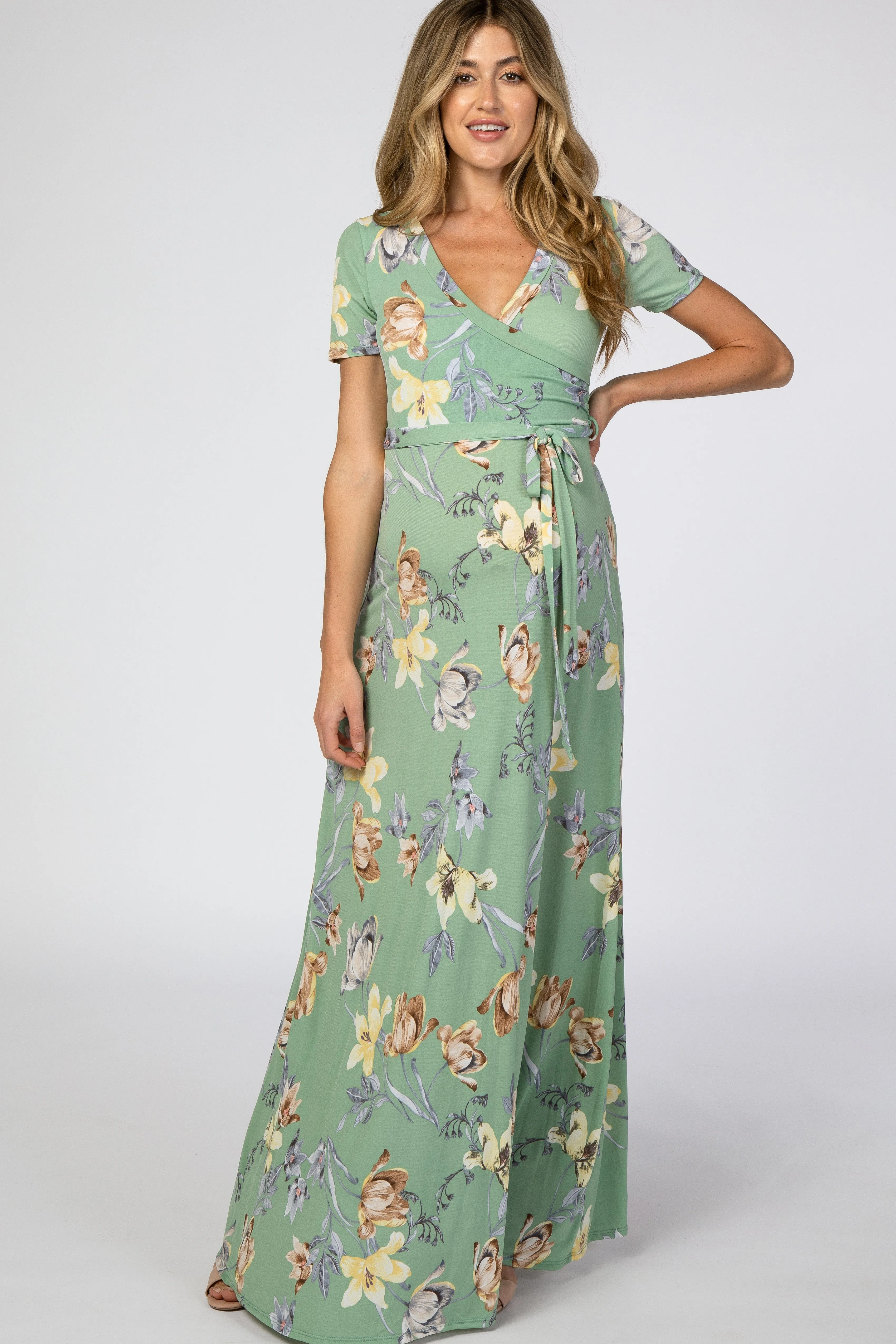 Light Olive Floral Maternity Wrap Dress sold by Pinkblush