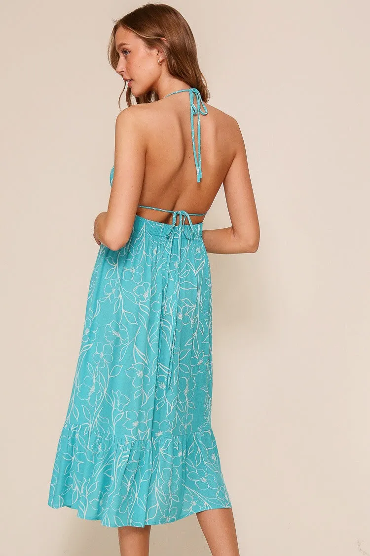 Aqua Floral Sleeveless Halter Neck Open Back Dress sold by Pinkblush product image thumbnail 4