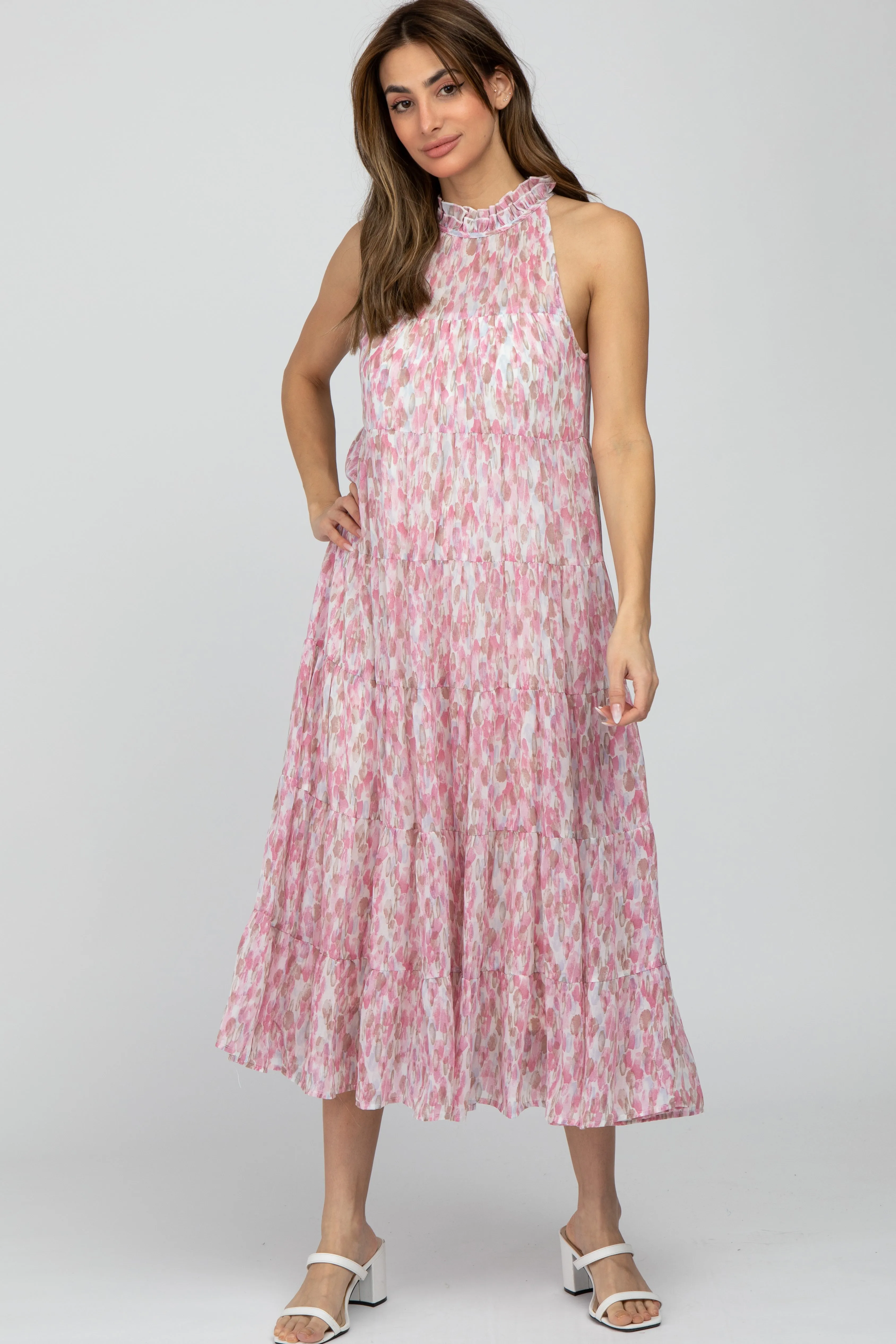 Pink Printed Sleeveless Tiered Maternity Midi Dress sold by Pinkblush product image thumbnail 4