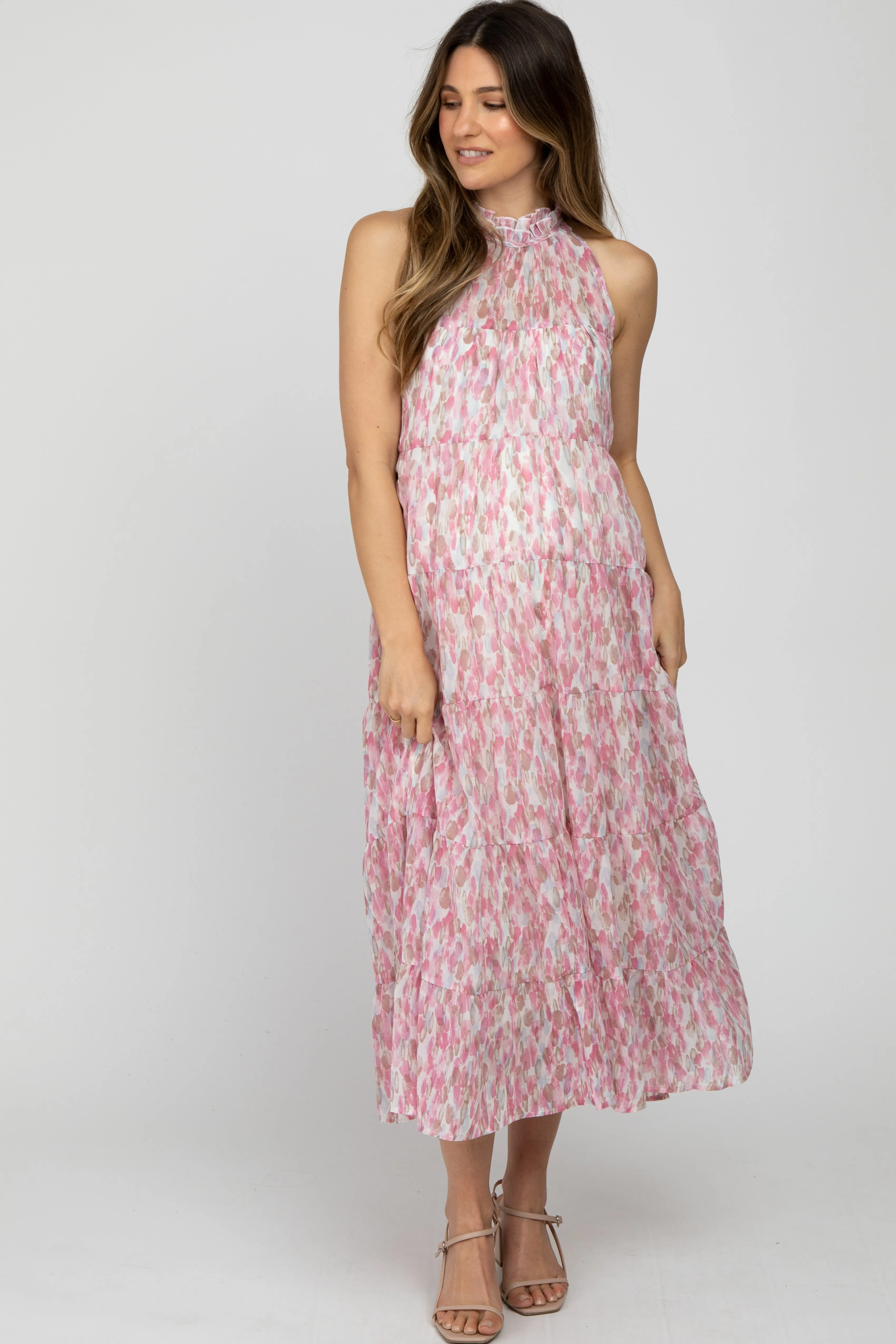 Pink Printed Sleeveless Tiered Maternity Midi Dress sold by Pinkblush