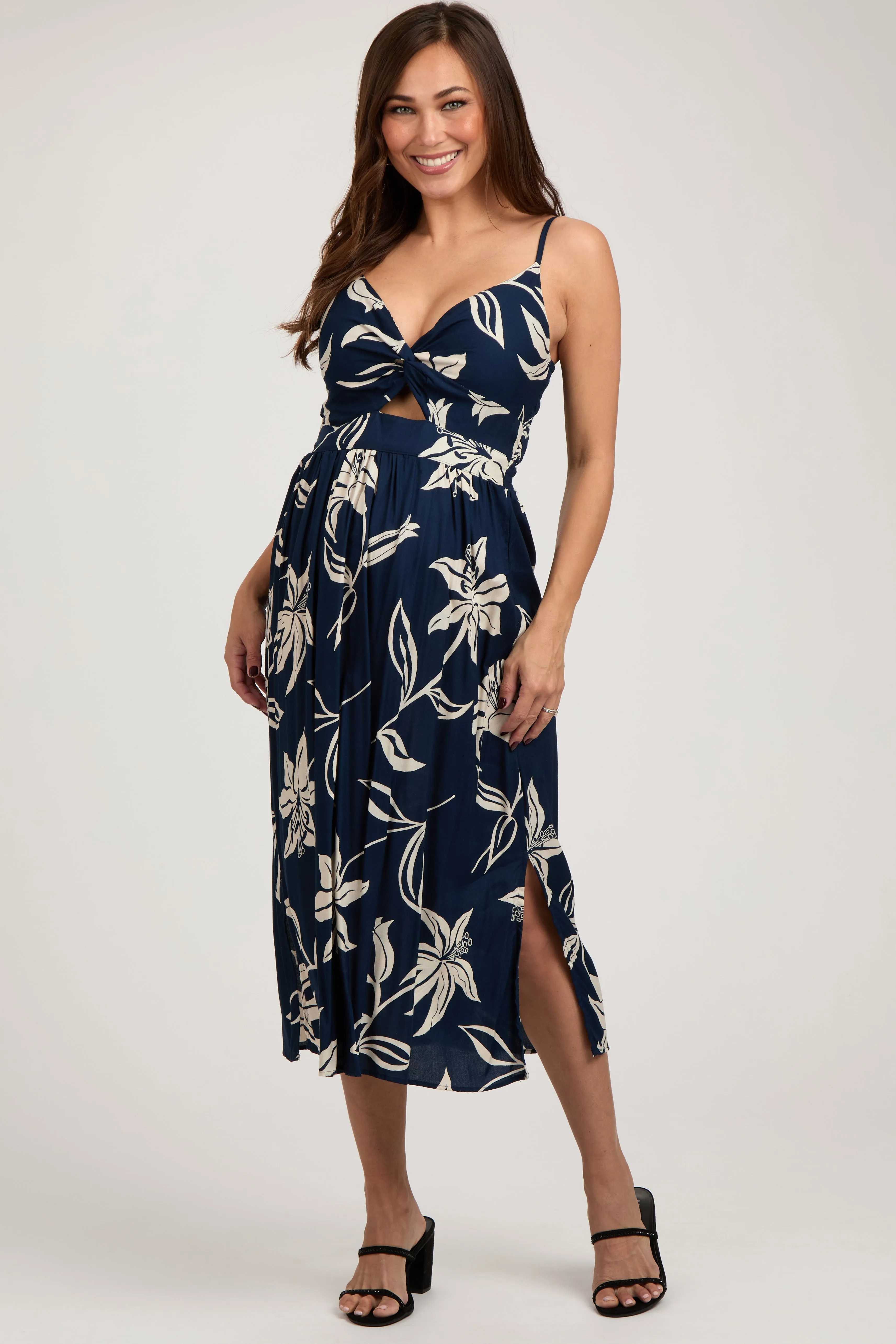Navy Blue Floral Front Twist Maternity Midi Dress sold by Pinkblush product image thumbnail 2