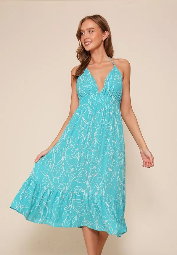 Aqua Floral Sleeveless Halter Neck Open Back Dress sold by Pinkblush product image thumbnail 2