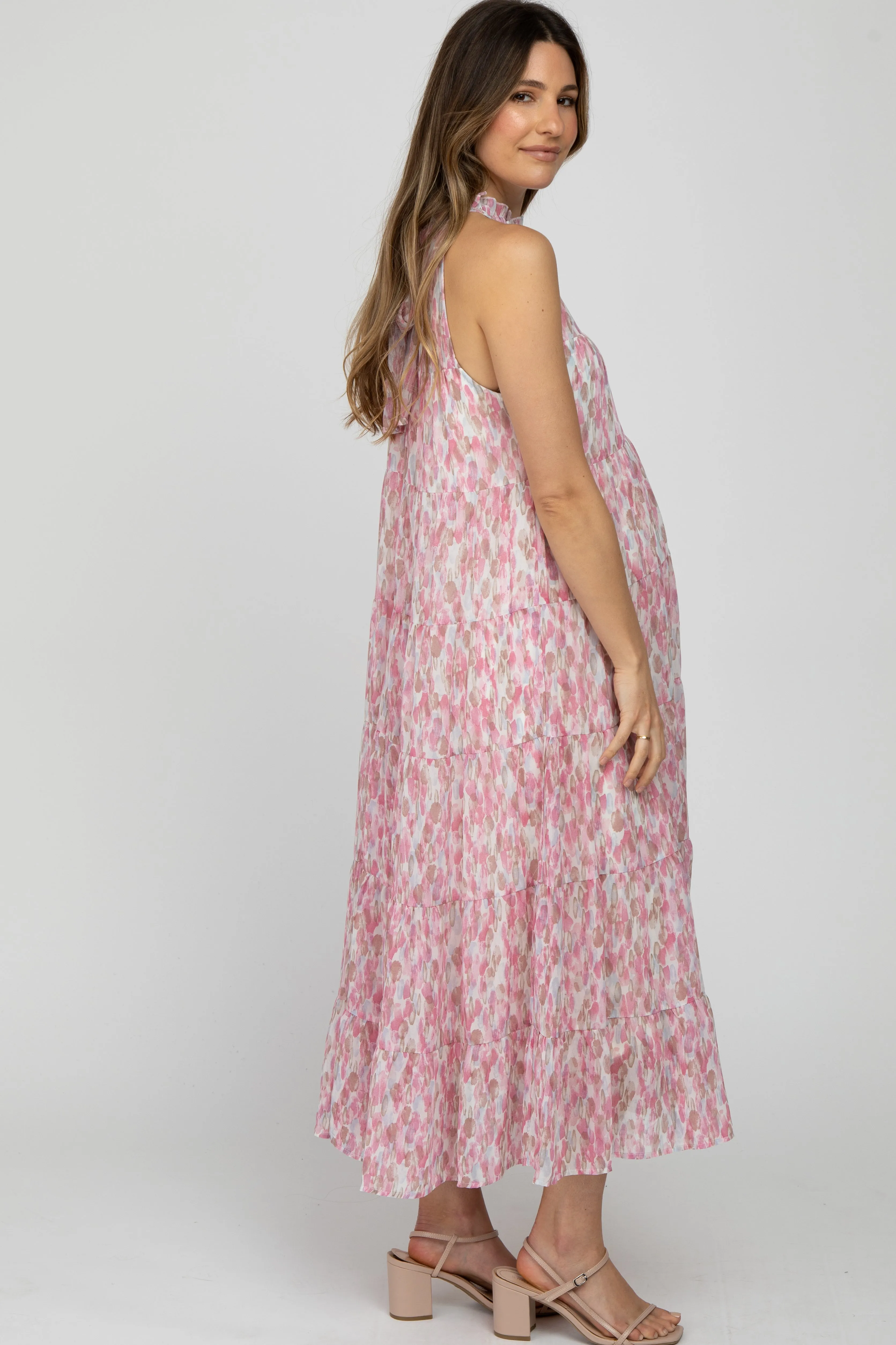 Pink Printed Sleeveless Tiered Maternity Midi Dress sold by Pinkblush product image thumbnail 2