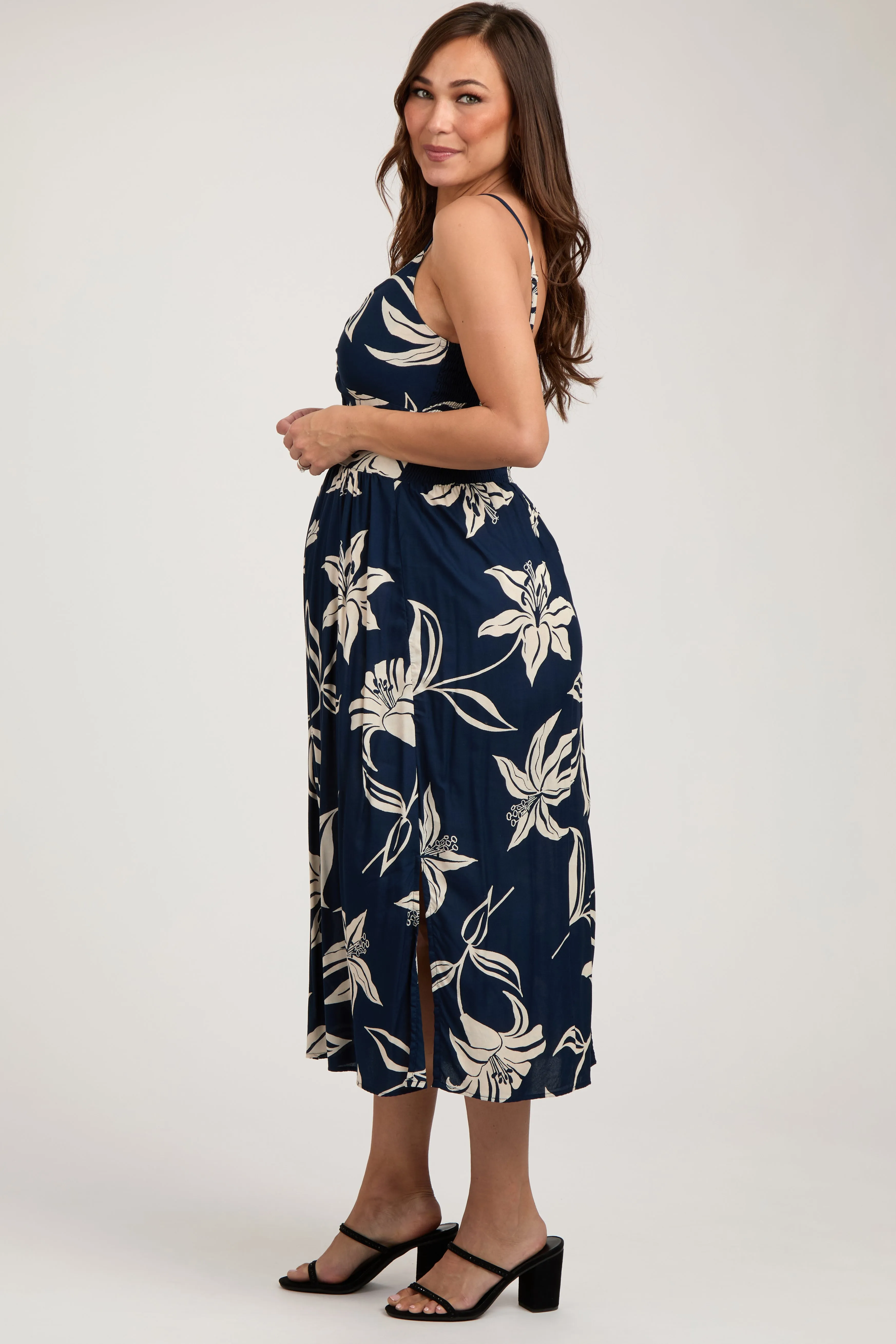 Navy Blue Floral Front Twist Maternity Midi Dress sold by Pinkblush product image thumbnail 3