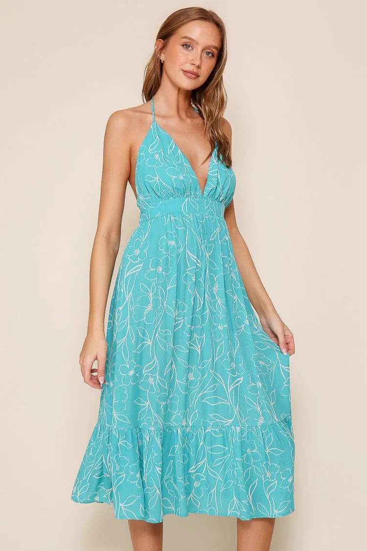 Aqua Floral Sleeveless Halter Neck Open Back Dress sold by Pinkblush product image thumbnail 3