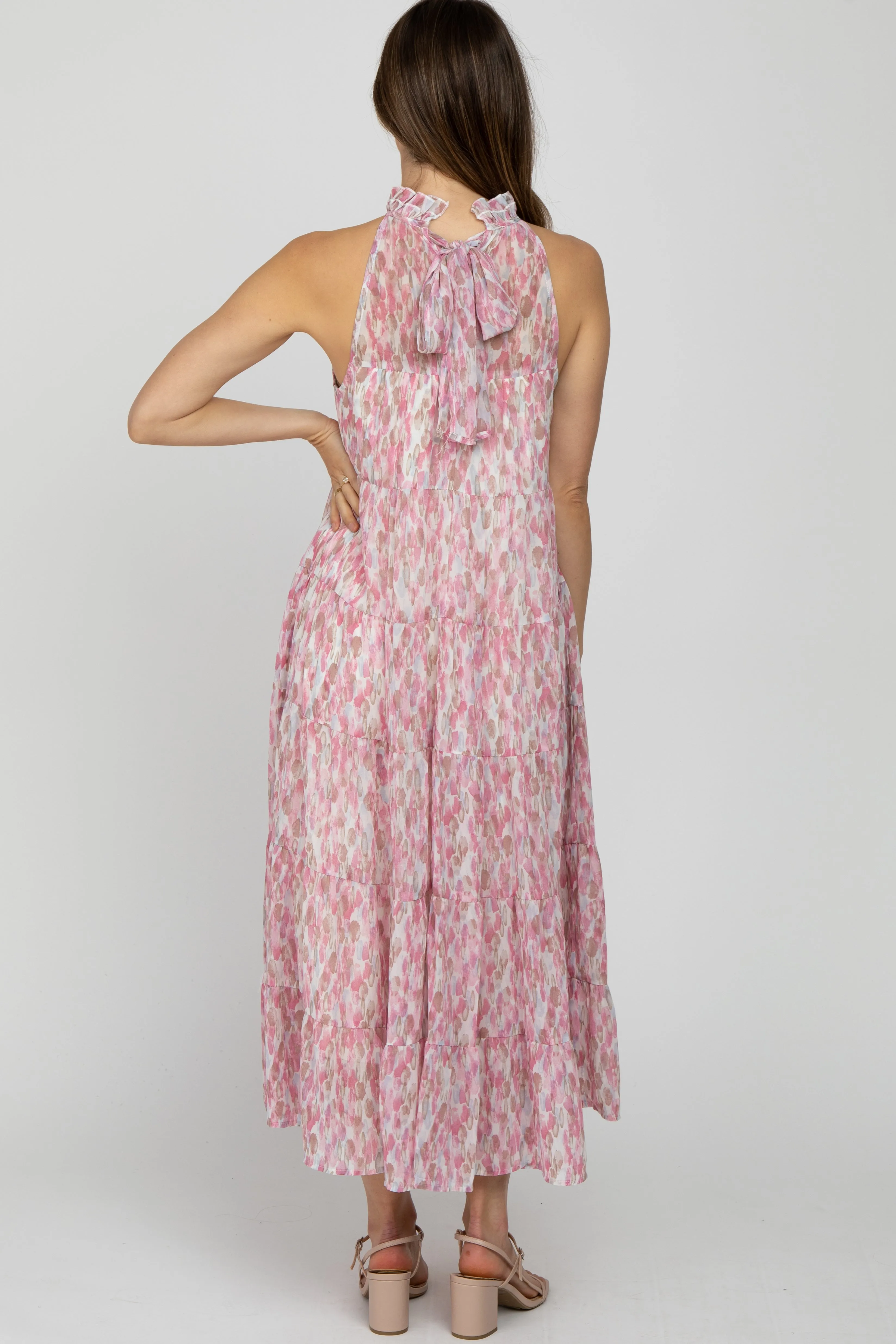 Pink Printed Sleeveless Tiered Maternity Midi Dress sold by Pinkblush product image thumbnail 3