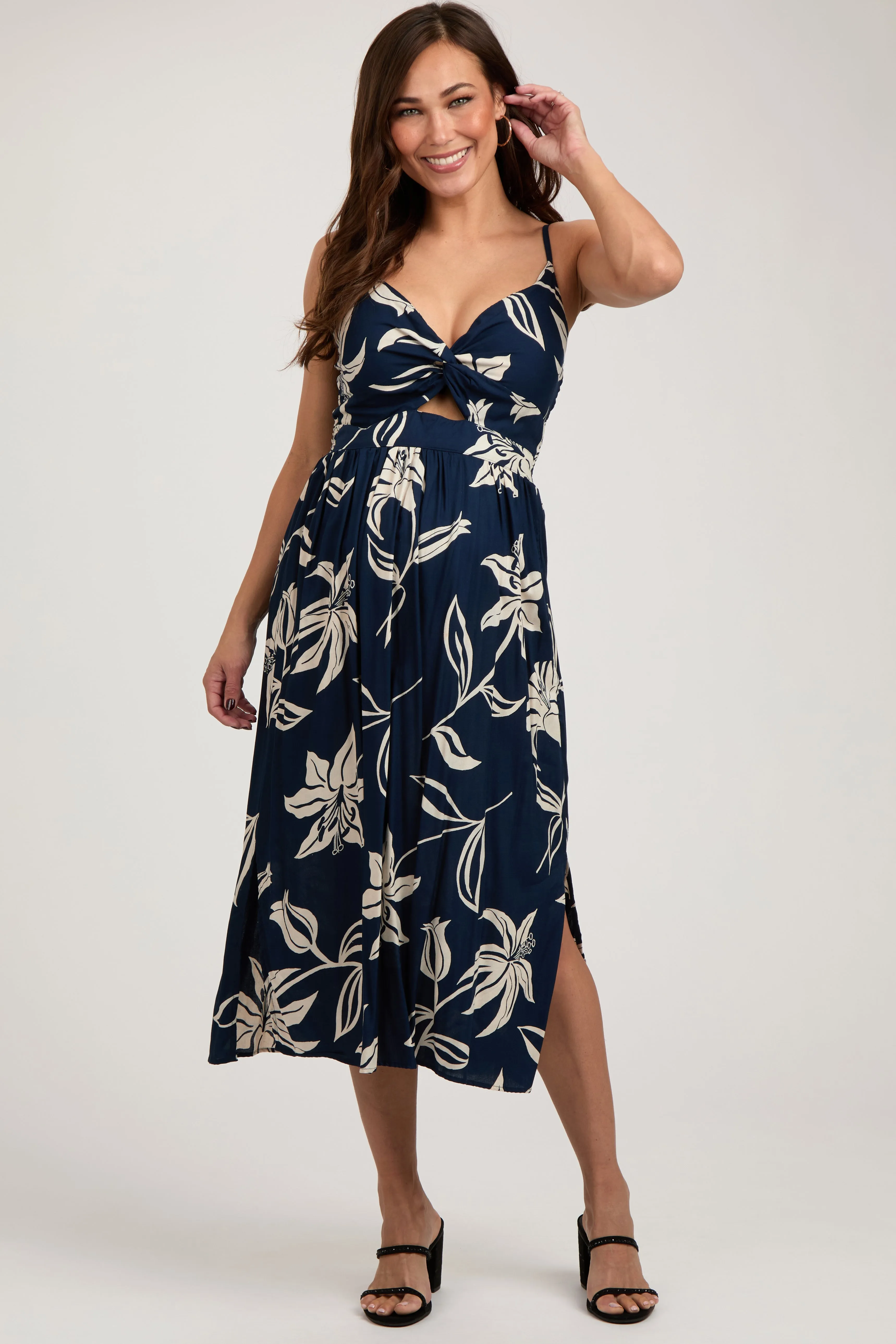Navy Blue Floral Front Twist Maternity Midi Dress sold by Pinkblush