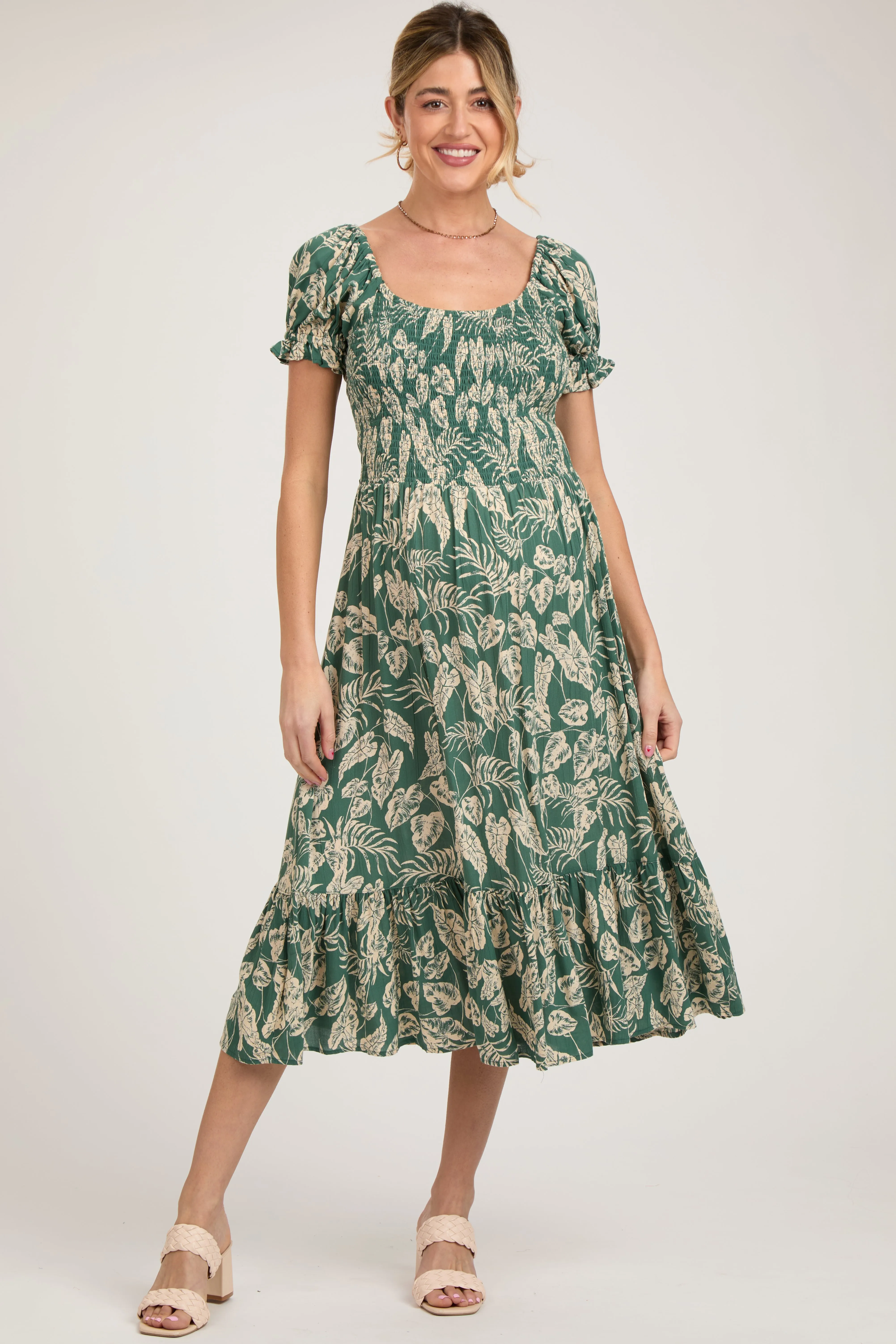 Teal Floral Smocked Short Puff Sleeve Maternity Midi Dress sold by Pinkblush