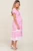 Pink Floral Pleated Eyelet Trim Maternity Midi Dress sold by Pinkblush