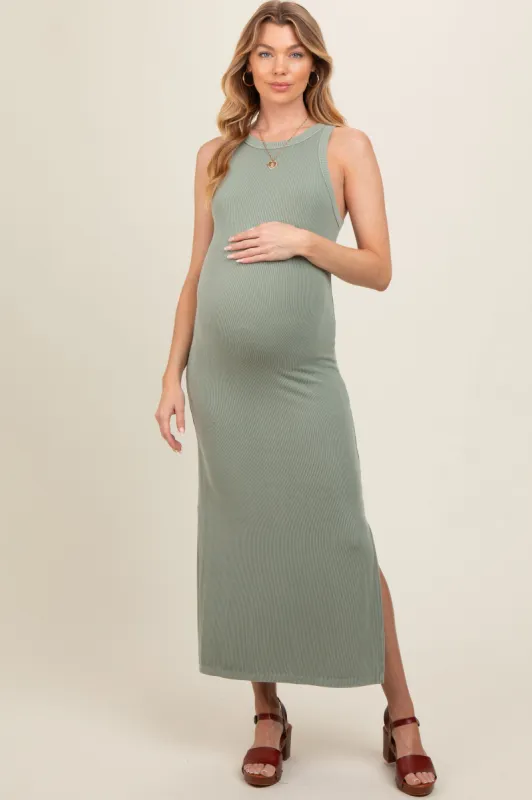 Light Olive Ribbed Knit Side Slit Sleeveless Maternity Dress sold by Pinkblush