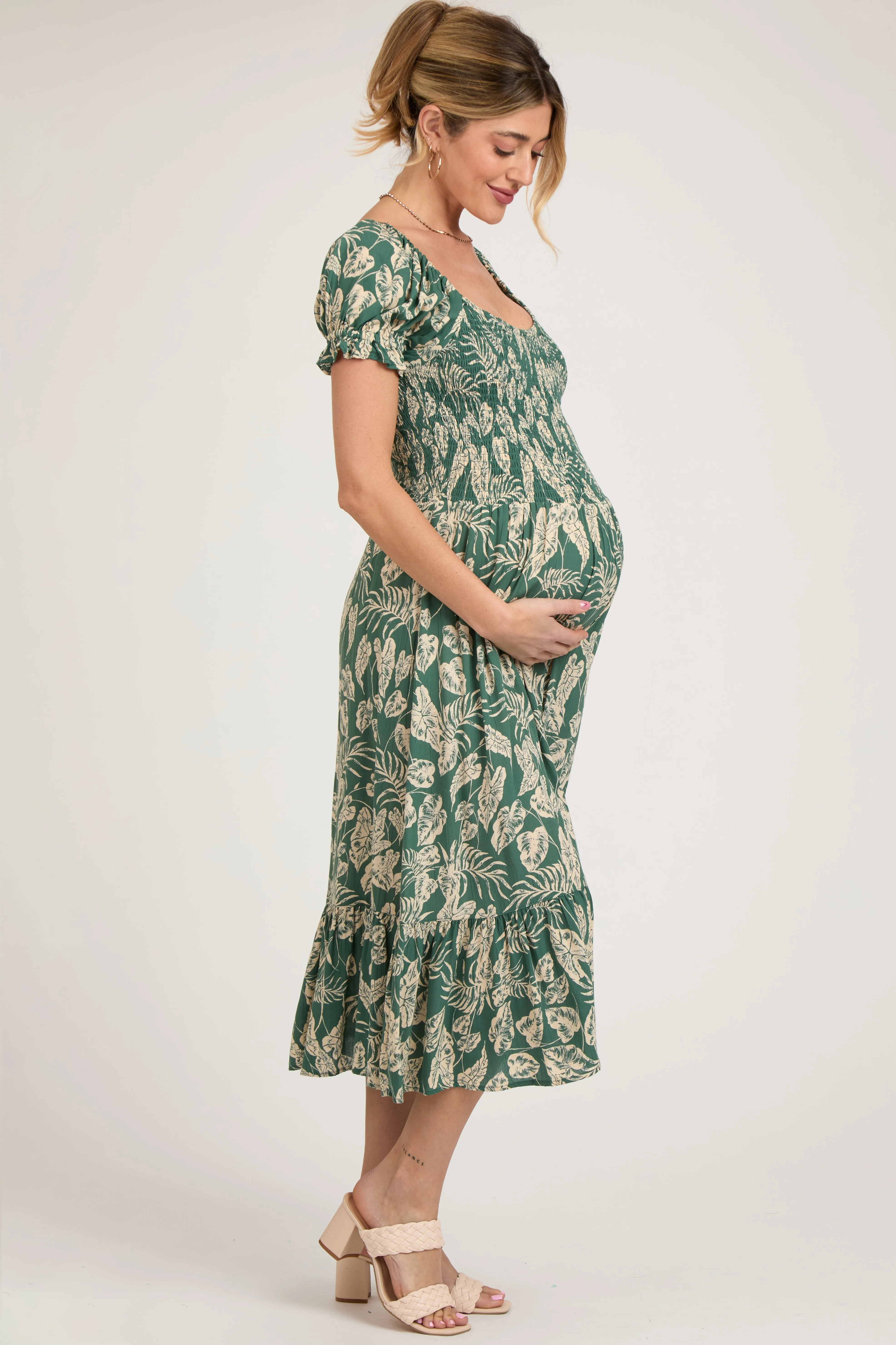 Teal Floral Smocked Short Puff Sleeve Maternity Midi Dress sold by Pinkblush product image thumbnail 2