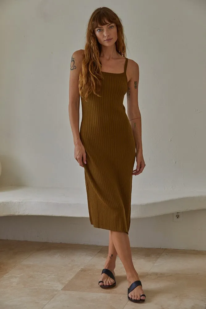 Olive Square Neck Ribbed Sleeveless Midi Dress sold by Pinkblush
