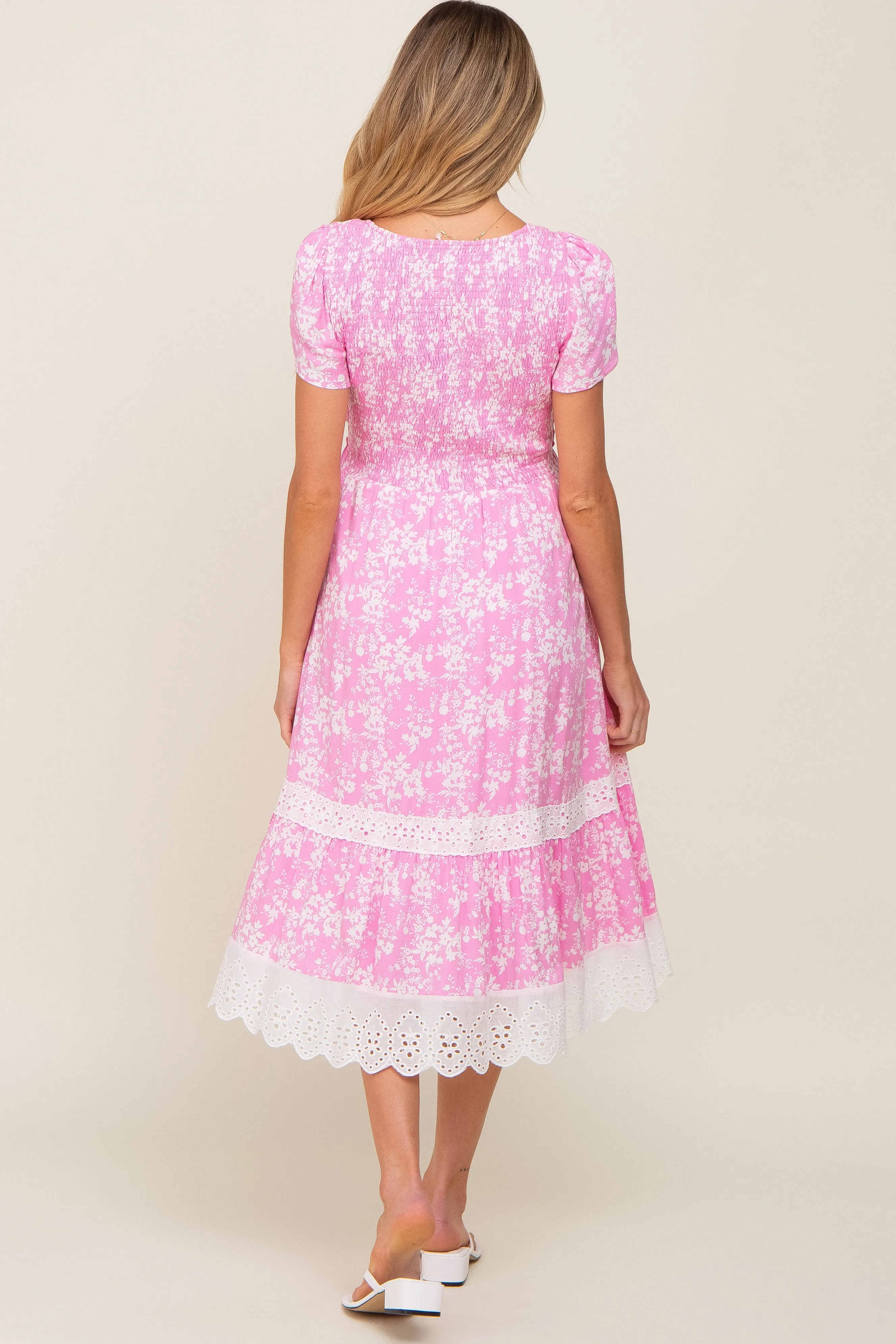 Pink Floral Pleated Eyelet Trim Maternity Midi Dress sold by Pinkblush product image thumbnail 3