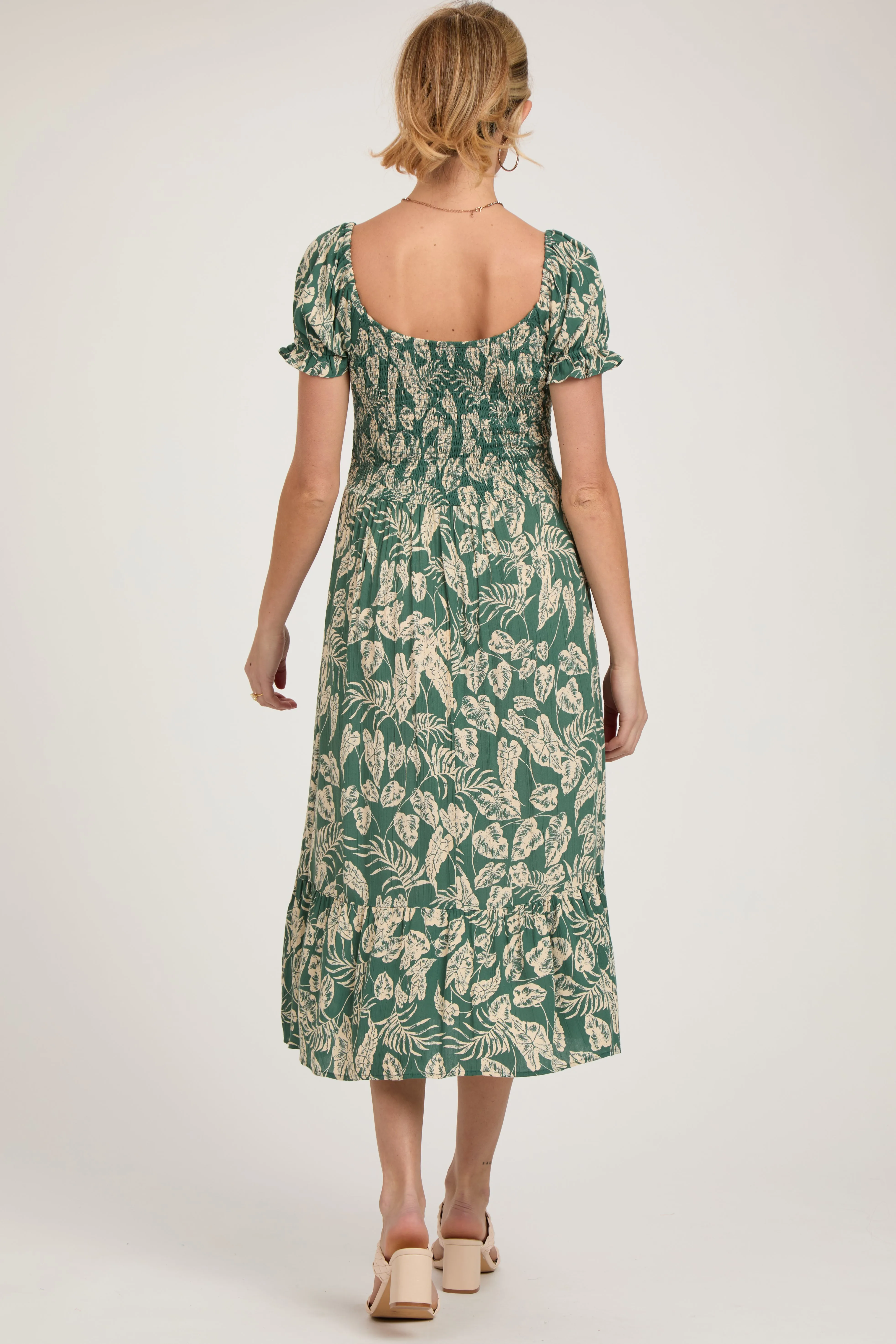 Teal Floral Smocked Short Puff Sleeve Maternity Midi Dress sold by Pinkblush product image thumbnail 3