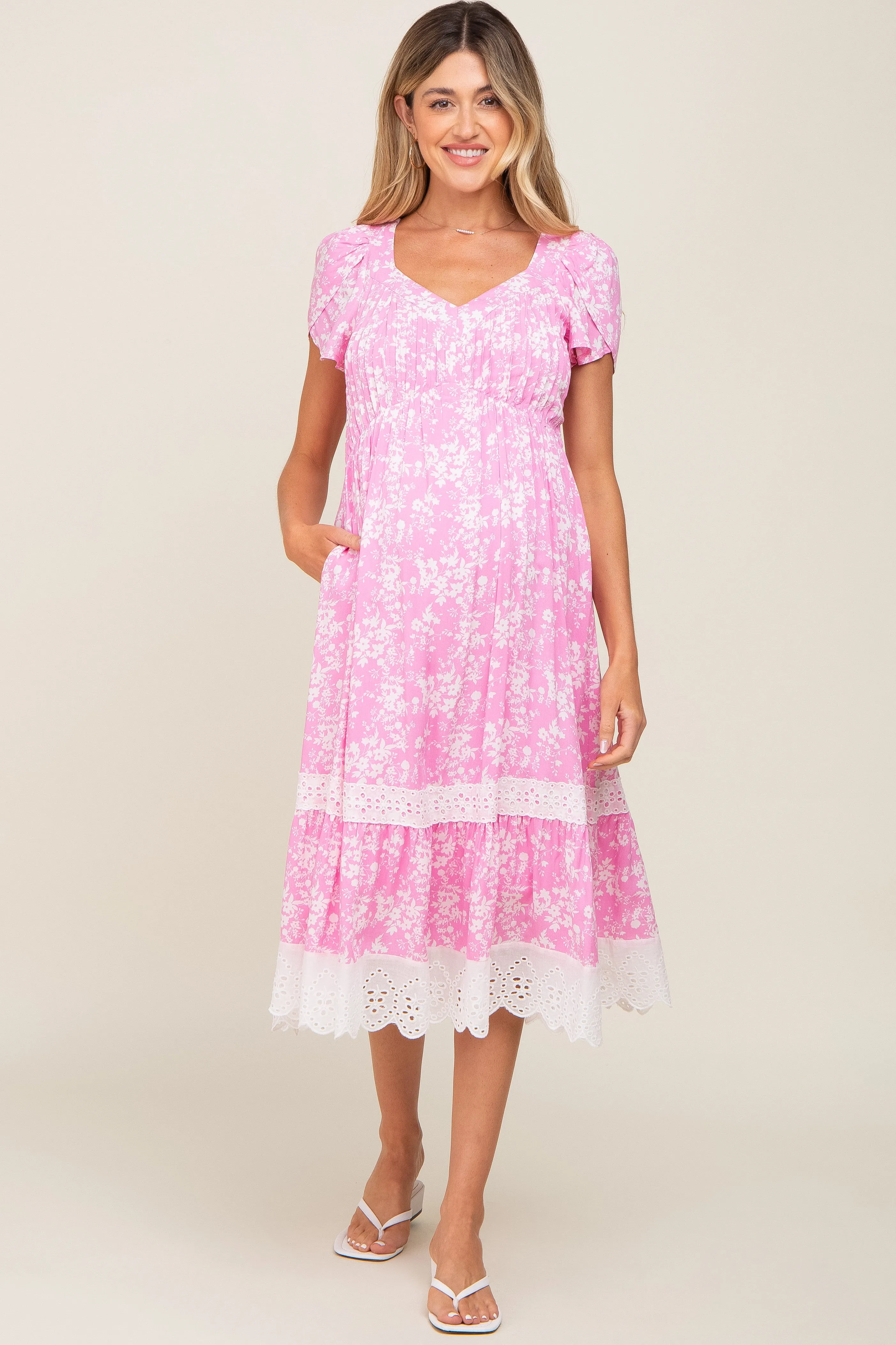 Pink Floral Pleated Eyelet Trim Maternity Midi Dress sold by Pinkblush product image thumbnail 4
