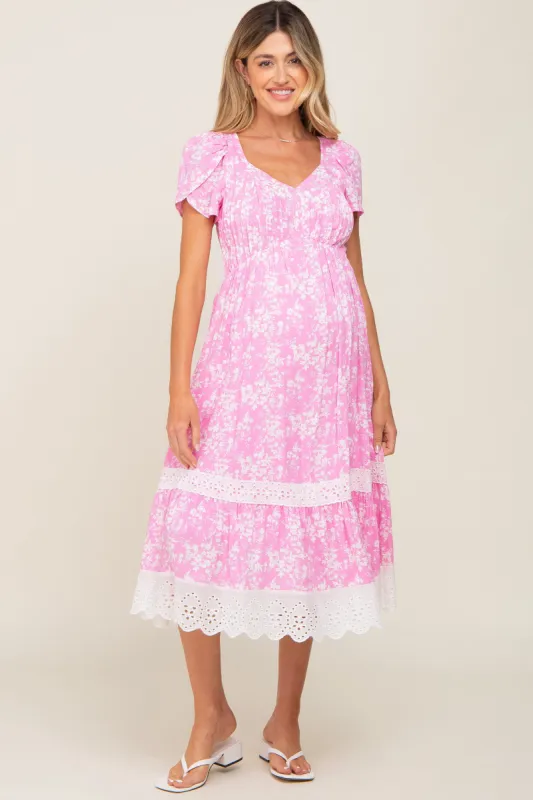 Pink Floral Pleated Eyelet Trim Maternity Midi Dress sold by Pinkblush