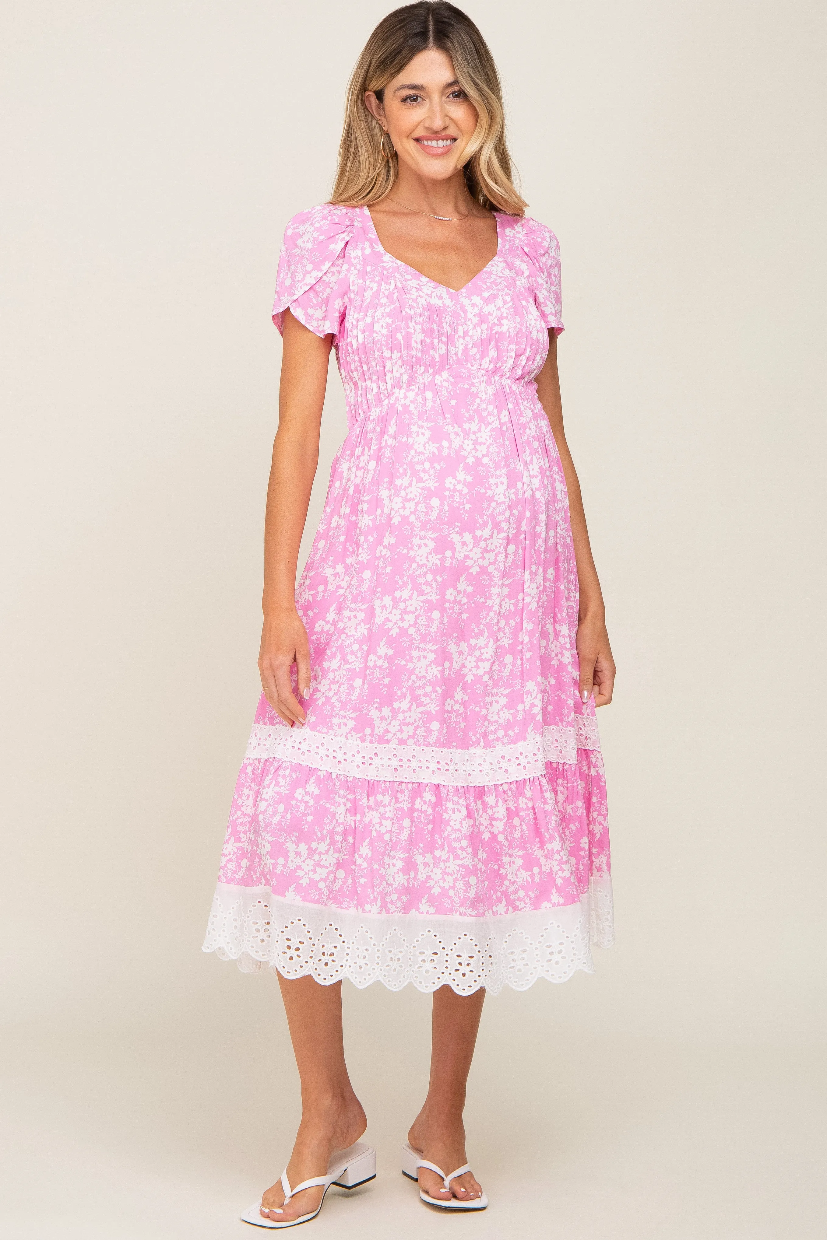Pink Floral Pleated Eyelet Trim Maternity Midi Dress sold by Pinkblush