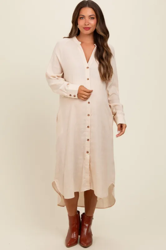 Beige Button Down Maternity Midi Dress sold by Pinkblush