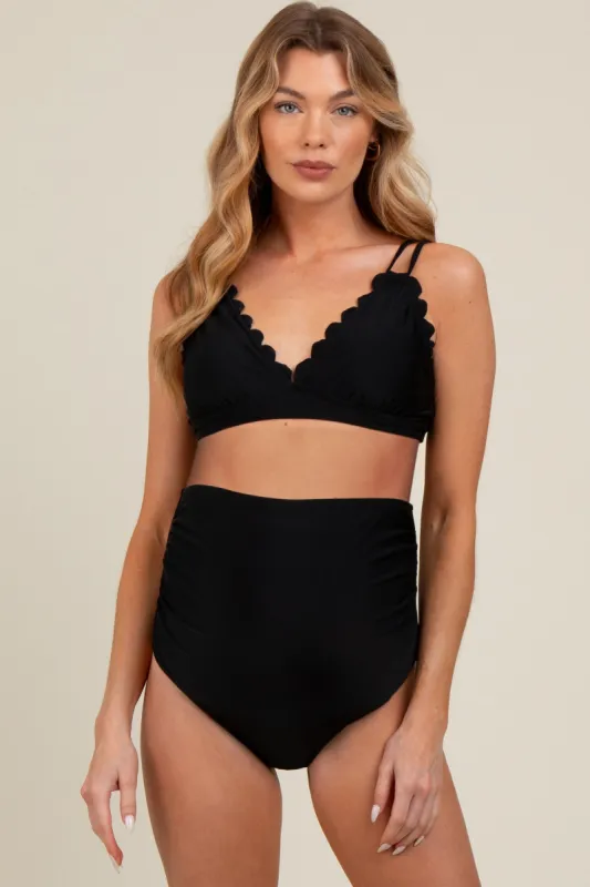 Black Scalloped V-Neck High Waist Two-Piece Maternity Swimsuit sold by Pinkblush
